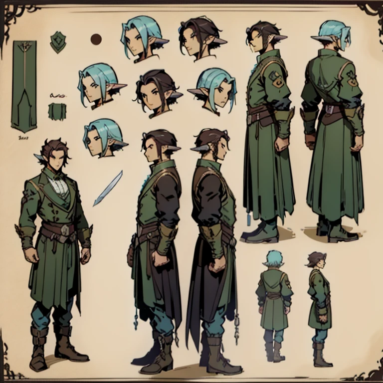 （（character concept art）），((Character design sheet、Same Role、facade、side face、on back))Character cover for Maple Story，Video game character design，Video game character design，expert high detail concept art，metal slug concept art，Interesting character design，inspiration，((character concept art)), ((Character design sheet, same character, front, side)) Video game character design, Rolois, half-elf, Arrogant, Dark hair, waistcoat, long sleeves, pale skin, sword, scar on face, middle hair