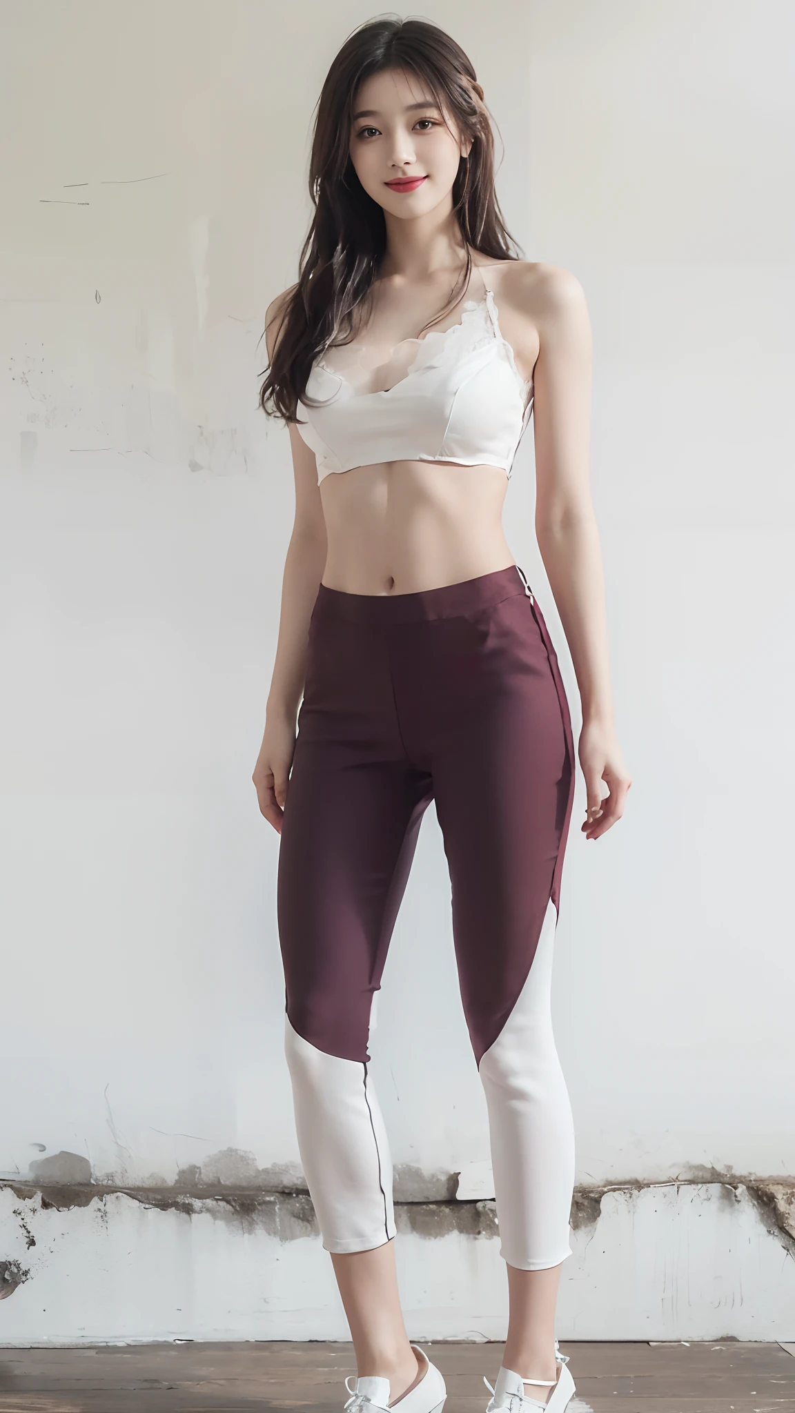 highest quality,masterpiece,Ultra-high resolution,Original photo,Ultra-high resolution,A beautiful 25-year-old woman wearing women's fashions popular in the 1980s,Long legs:1.5,High waist pants,Flashy makeup using red eyeshadow,Big smile,Short cut with delicate side waves,Full Body,Gray background,