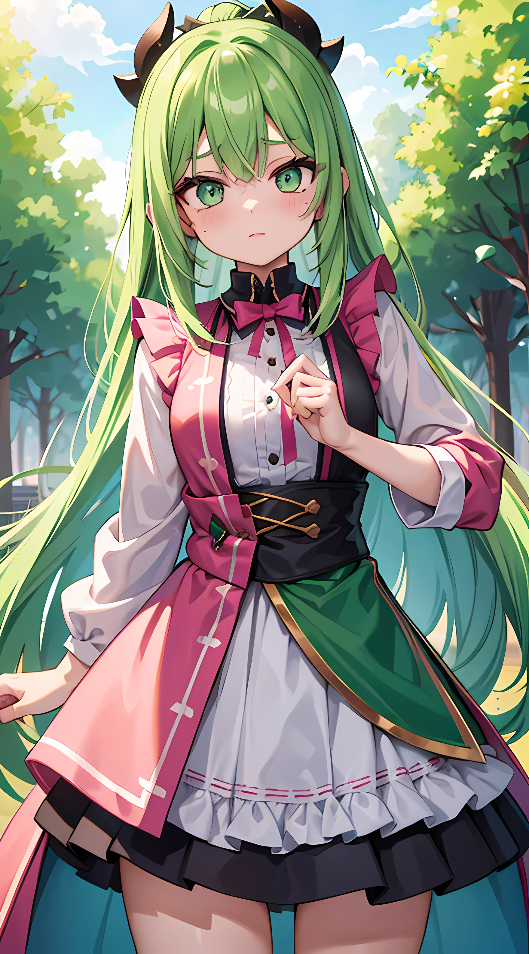 1girl, with long green and pink hair with two strands, and green wide eyes long eyelashes, two moles under her eyes, wears mitsuri s demon slayer clothes, high res, ultrasharp, 8K, masterpiece, looking at viewer