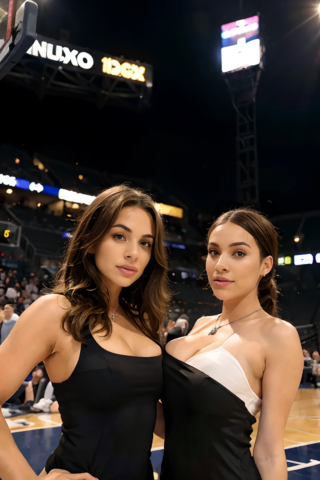 2 females, NBA match, basketball match, standing on the stadium and watching NBA, NBA stadium, players playing and cheering, lights, black dress fancy lady, classy dress, neckles, [[black dress]],  80 DD cup tits in a dress, Long Wavy Hair, hair in style of light brown and light amber, dark brown eyes, realistic, realistic background, [[8K]], [[great quality]], [[realistic]]