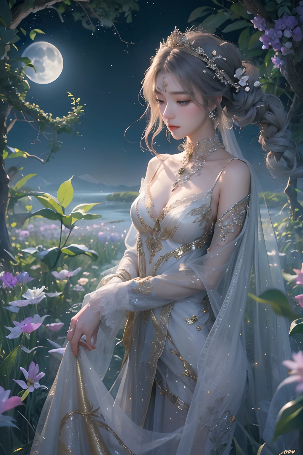 "(Masterpiece: 1.3), 8K Ultra HD resolution, Ethereal moon goddess，incomparable beauty, Her delicate golden eyes radiated a natural glow, Exudes bioluminescence throughout her life. Under the tranquil moonlit night，Float gracefully on the path that passes through lush rice fields, The soft moonlight illuminated the path beneath her feet，brings out her gentle and elegant demeanor. Dressed in a delicate silk gown，Adorned with a delicate silver-toned pattern, Her makeup complements her attire, Hints at a delicate silver pattern. The surrounding moonlight bathed her and the surrounding fields, Enhances her noble and primal aura."