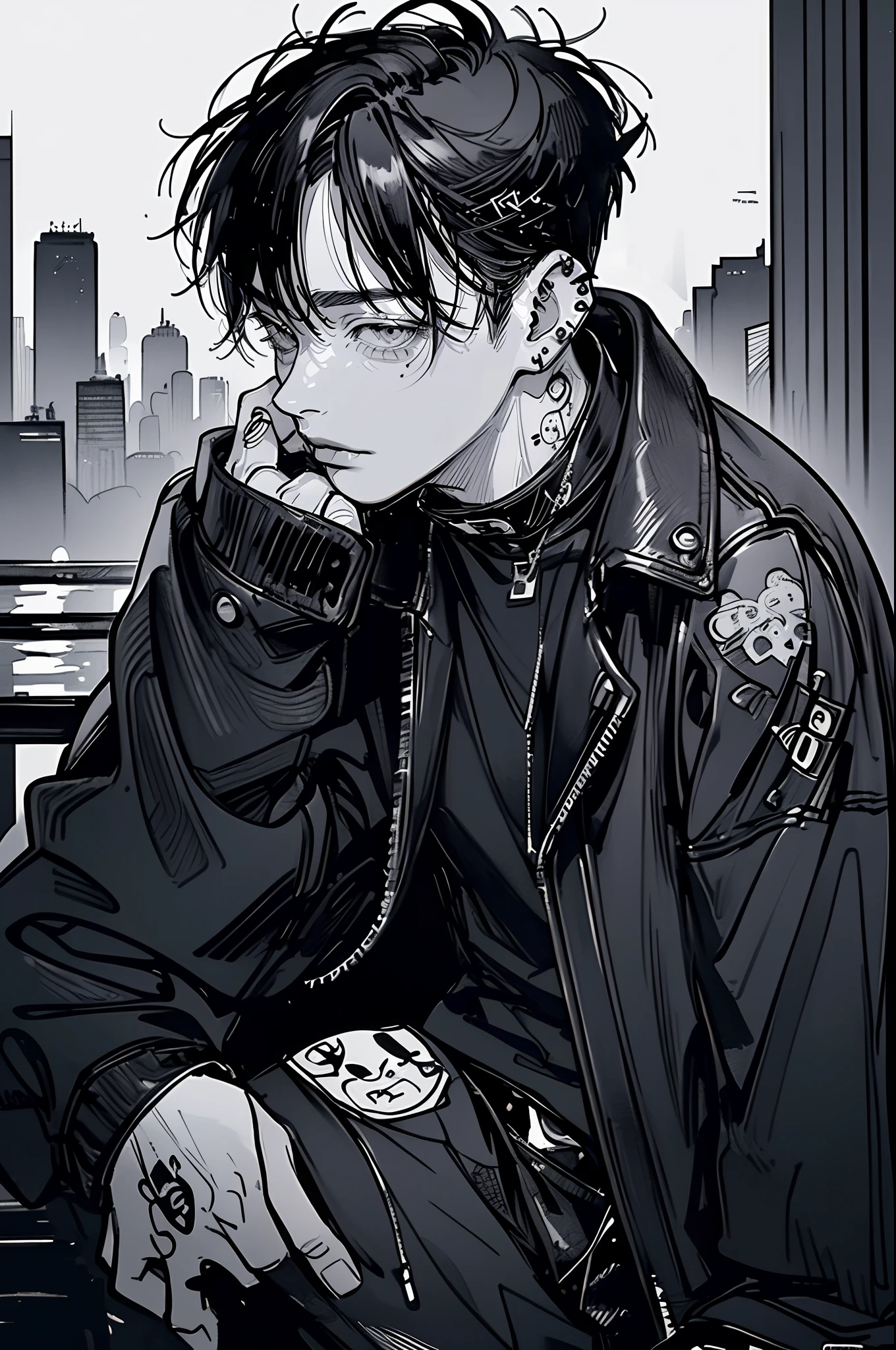 (4K works))、masterpiece、(top-quality)、((Black cityscape background))、Korean Male、Adult male、((Adult 50 years old))、((Adult uncle type))、((Leather Jeans Style))、((Face similar to Hyunjin))、Cool Men、tall、((Wild features))、((Glaring expression))、((Long sleeve long trouser style))、((Smaller face))、Slim body、(((short-haired)))、((shot from a side angle))、((profile))、((Turn the body to the side))、((Shot alone))、((Solo Photography))、Professional Photos、((He is in front of the viewer))、((Monochrome photography))、((Upper body photography))、((Wear a lot of piercings))、((Mouth piercing))、((Tongue piercing))、((Icon Photo))、((Sick Boys))、((Mine Boys))、((tattoo))、((Mine photo))、((sassy pose))