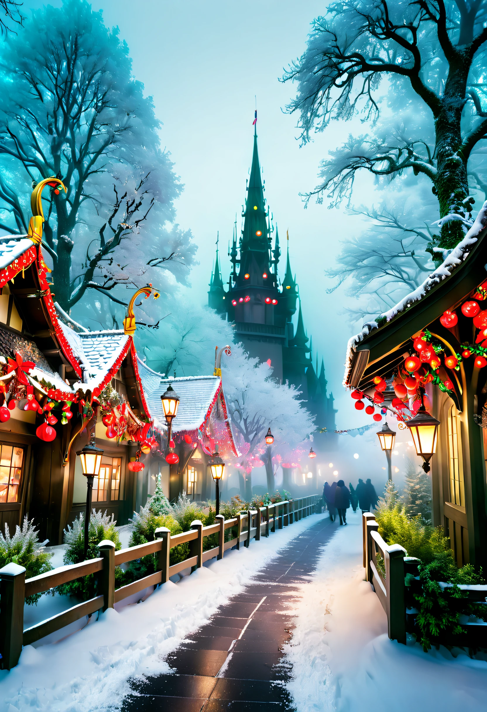 When I close my eyes，Recall that mysterious fairy tale world，I saw a beautiful view of the rime。In this world，The earth was shrouded in a thin layer of mist，It's as if it's a veil of mystery over the whole world。Elements of Christmas float in the white mist，Like flashing lights、Red flannel and bright stars，It creates an atmosphere of joy and mystery。 In the midst of this rime，The trees are covered in frost，It seems to be the abode of elves in a winter wonderland。Each tree is adorned with colorful Christmas lights，Illuminates the entire rime world，Make it full of warmth and blessings。The branches are covered with red and green flannel ornaments，It's like a gift left by the elves，Make this forest more vibrant。 Looming in the fog is a magnificent Christmas castle，Its spire is dotted with sparkling stars，The whole castle exudes an air of mystery and joy。The interior of the castle is decorated with a variety of festive decorations，Gorgeous hangings、Colorful garlands and sparkling lights complement each other，It gives a captivating visual experience。 Follow a trail paved with flannel and Christmas lights，You will find a group of happy elves singing and dancing，They have bright lanterns in their hands，Jumping happily，Create a joyful scene。The elves are dressed in gorgeous festive costumes，A fringed hat is worn on his head，It's like a messenger from a fairy tale world，It has brought endless joy and blessings to this world。 The whole scene is rendered by fog and Christmas elements into a mysterious and joyful picture，Every detail is full of magic and mystery。In this fairytale world，gleeful、Blessings and warmth fill every corner，It's fascinating，Feel like you're in the middle of an eternal Christmas celebration, UHD, masterpiece, ccurate, anatomically correct, super detail, 8k, best quality