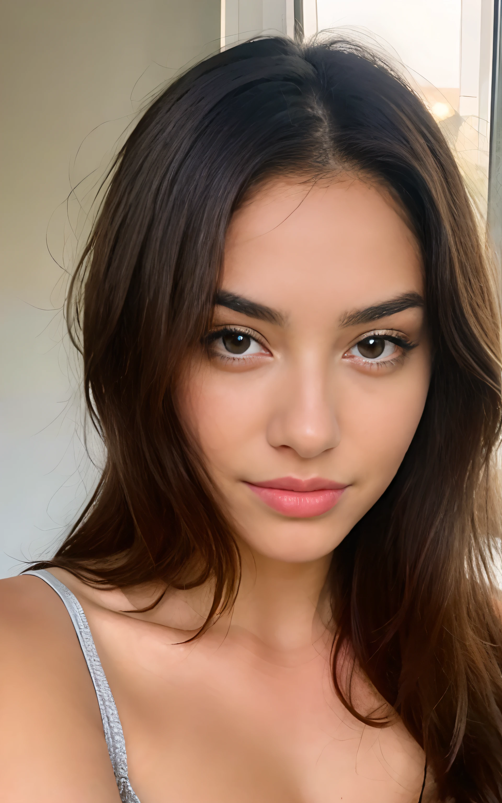 Beautiful brunette woman taking a realistic selfie