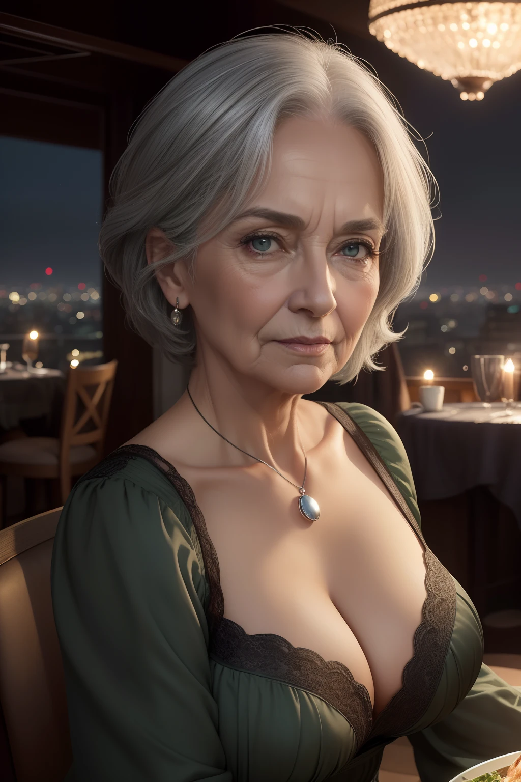 portrait of a 65-year-old woman with gray hair, seductive gaze, short old gray hair, brown eyes, a lot of wrinkles on her face, old woman, detailed wrinkles (8K, high resolution、The ultra quality,  An ultra-high picture quality、Ultrarealistic、Best Quality、masuter piece:1.2)(medium chest、Large cleavage:1.2) medium breasts are exposed、(Old women in Europe) beautiful evening dark green dress, eyes visible through hair, proper eye position,cinematic light, , soft light, hips, night time, soft moonlight, detailed color graded background, intricate, highly detail, 8k, a table in a restaurant on the roof of a skyscraper hotel in the open air, view of the whole city background