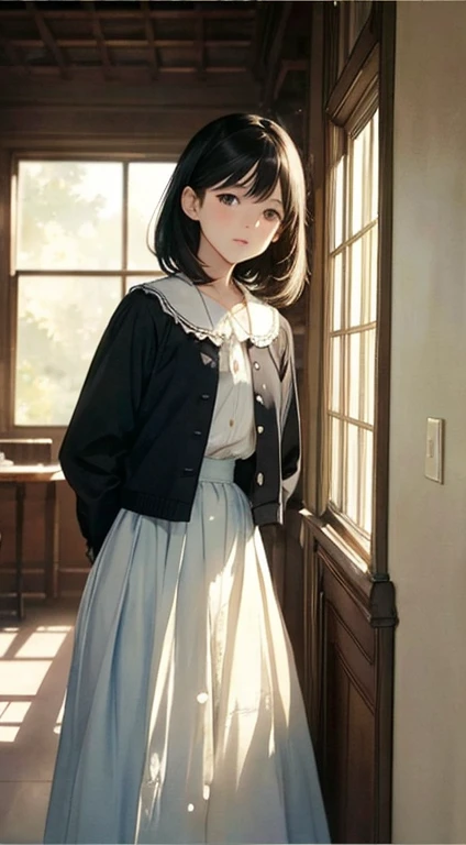 (Watercolor in Sargent style)、(top-quality、masterpiece)、(David Hamilton Style)、(softfocus)、Cinema Angle、ciinematic light、Soft light、1girl in、sixteen years old、A stunning、Short black hair、校服、long skirt、atlibrary、window、small tits、tiny chest、