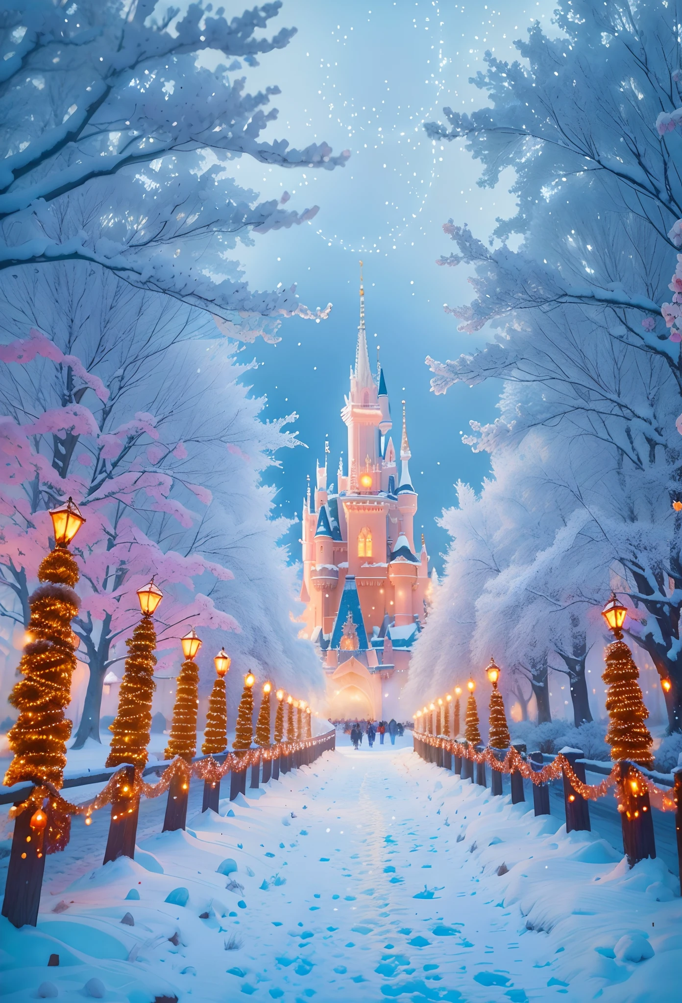 Snow scene of a castle with lights and trees in the foreground, concept art by disney, beautiful render of a fairytale, disney art, disney render, Beautiful castle, disney concept artists, Magical castle, fairy tale place, disney artstyle, Disneyland background, disney artstyle, style of disney animation, photorealistic disney, disney inspired landscape, art in the style of disney