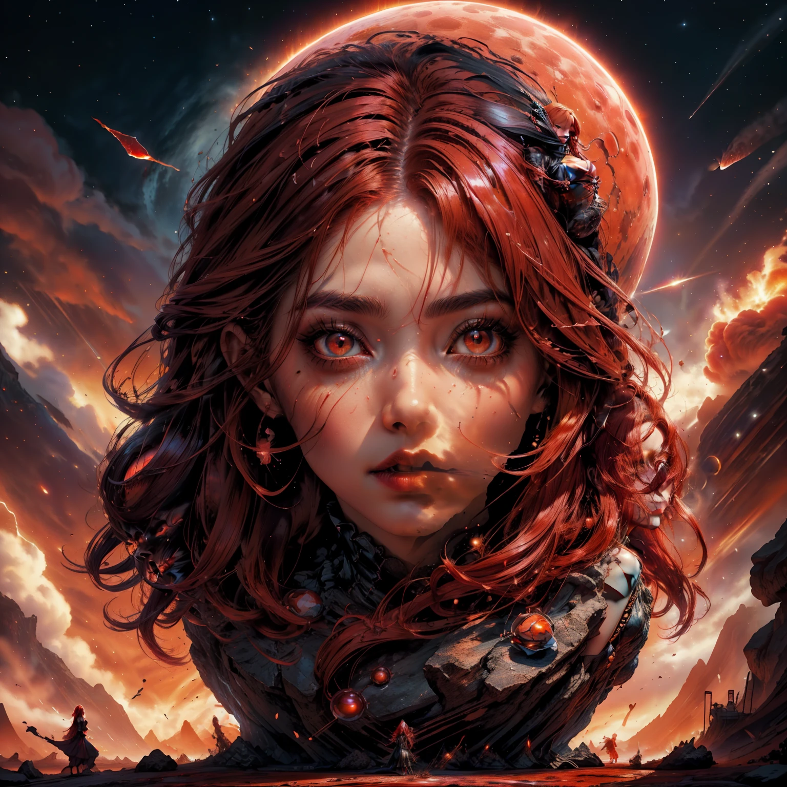 Lava witch, witch, volcano witch, masterpiece, beautiful face, pretty face, perfect face, volcano background, nighttime, night, lava, young woman, golden ratio, long tunic, beautiful tunic, gemstones, fully clothed, fancy clothes, short red hair, light red hair, long bob, wavy bob, wavy hair, luscious hair, shiny hair, small waist, magic volcano, digital art, soft face, proportional, full body, soft brush strokes, soft edges, artsy, red tones, red edges, yellow tones, orange tones, brown tones, red eyes, piercing eyes, big eyes, pretty eyes, pretty body