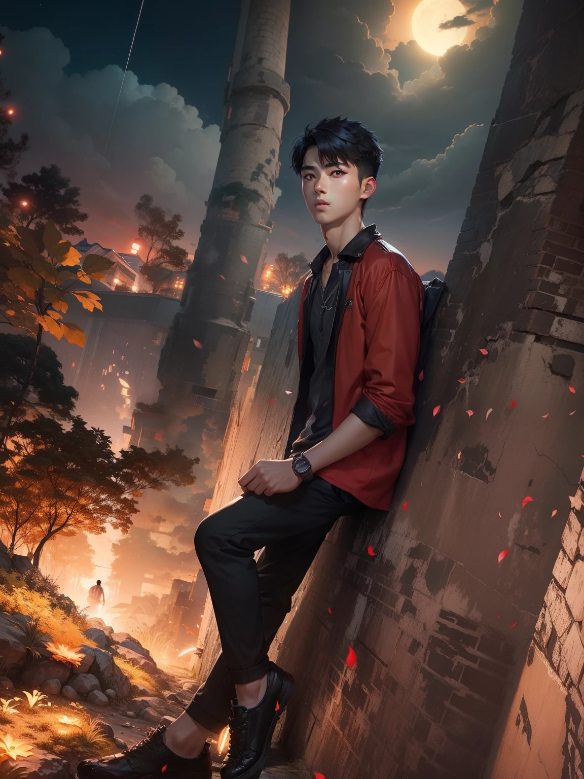 Handsome Korean boy,Red eyes,Black short hair,Looking at Sky at night,Anime style