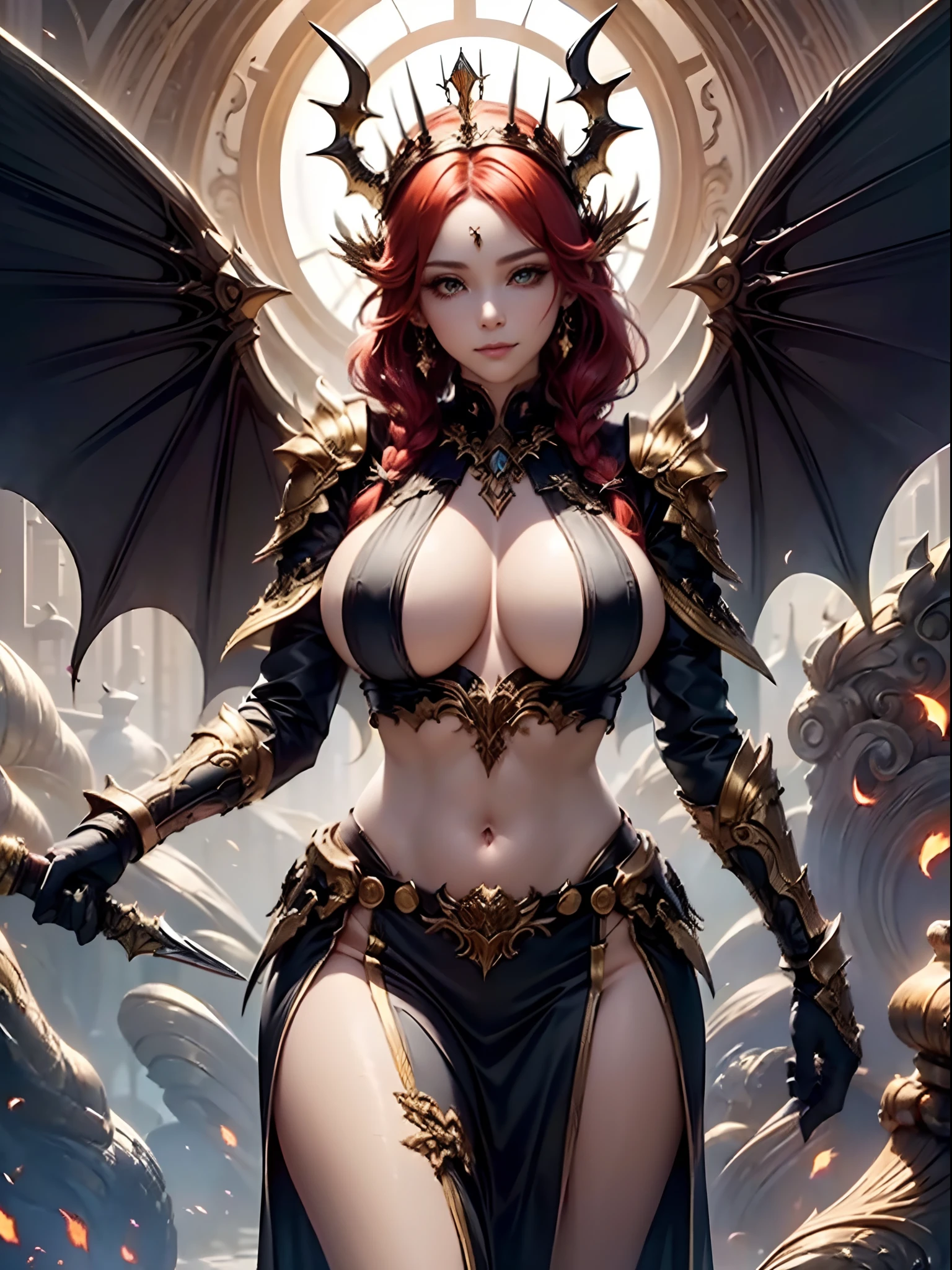 1girl, cowboy shot of a beautiful woman in the most intricate empress breast curtains armored-battledress, shiny skin, breast curtains, (large golden eyes : 1.6), cute, solemn smile, (fiery red hair, french braid hairstyle, large dragon horns, draconic-empress crown : 1.7), huge wings, (2 pairs of red dragon wings : 1.7), ((very huge and heavy breasts, muscular, wide waist and huge buttocks)), looking at viewer, blue portal in the background, (dim lighting), masterpiece, best quality, 8k