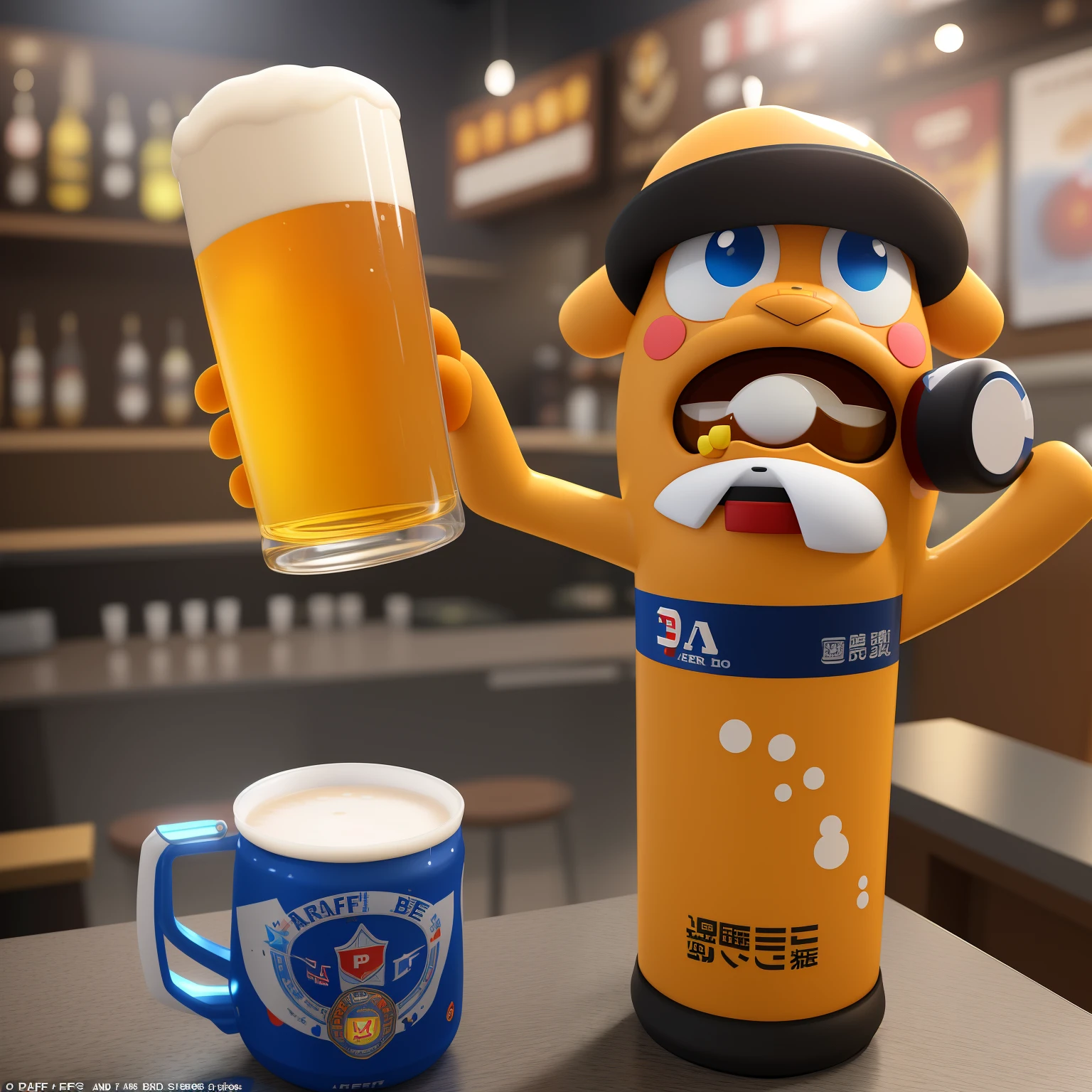 Arafe with a beer mug and a mug of beer, 3d model of a japanese mascot, beer, drinking beer, Drinking beer, PBR rendering, Habs Mascot Yoppi Pokémon Shiny, beer in hand!!, designed in blender, masuimi max, Duff Beer, shot with Nikon Z9, Shot with Canon EOA 6 D Mark II