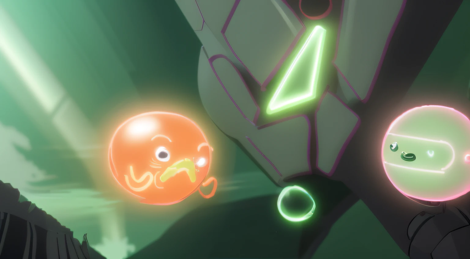 Create an anime-style digital artwork. The composition should feature two contrasting characters: the character on the left is a small green aura with facial expressions. The other is a very friendly robot. The setting should be minimalist, suggesting a light-hearted and whimsical atmosphere with elements like floating bubbles or particles to signify dynamic interaction. The style should be crisp and expressive, with sharp outlines and a playful color scheme that highlights the imaginative and vibrant nature of the scene.