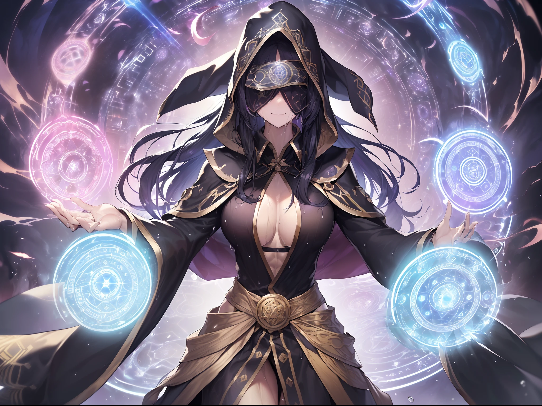 Outrageous resolution、masutepiece++,top-quality++,ultra-defined++, ultra-defined++,4K++,8K++,(Background Focus)++, Highly detailed, Viewer's Perspective、((Countless magic circles))++、((1Uncle of the Wizard of Men))++, ((Wearing a full-body gorgeous black robe that covers her face)), ((((Wearing a full-body gorgeous black robe that covers her face))))++++,(Merlin the Wise)、(((A muscular wizard uncle)))+++,(((Countless magic circles)))++++,(Countless magic circles)、((Ferocious smile))+ +,((Muscle Mukimuki) ++,((Muscular muscular))++,(Countless magic circles) +,(Sharp eyes)、((Blackbeard))++(A dark-haired)、(The long-haired)、(The long-haired)、(Purple eyes)、(Super shiny hair and skin), (Sunlight),((Beautiful)), +, A lively smile, Perfect eyes, Perfect hands, Perfect nose, Magic Battle Dark, Bright atmosphere, (wet effect) +, (light effect), (Cinematic Light) + , (Like a movie of light) +
