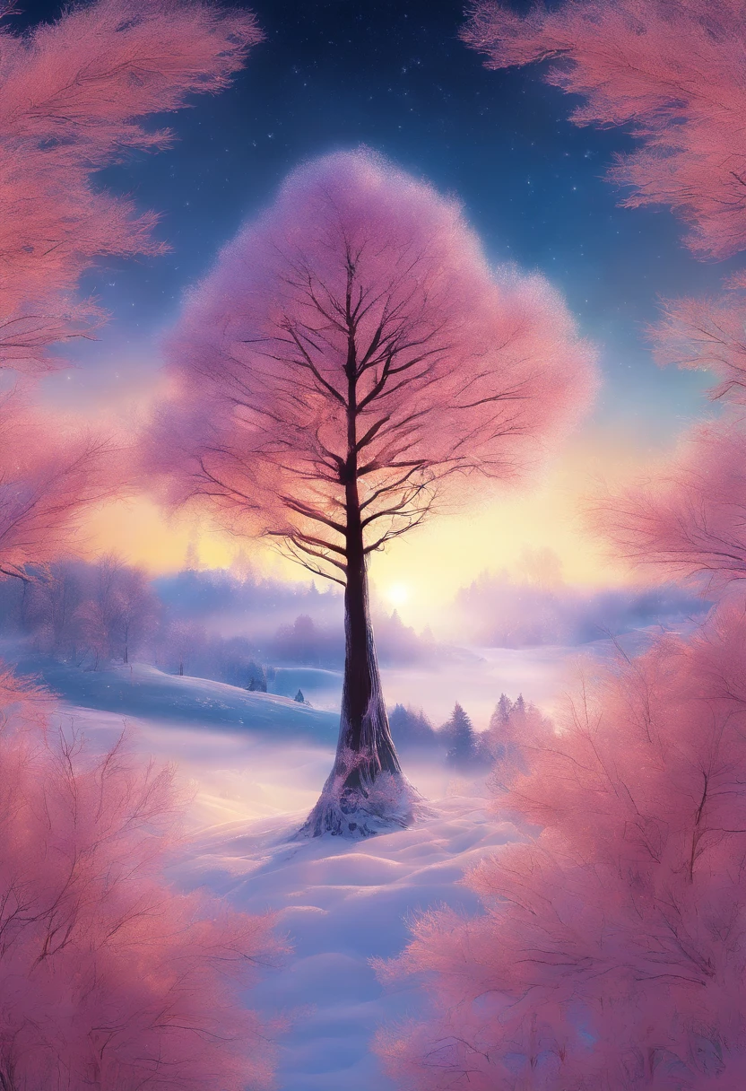 at winter season,Oyuki,snow landscape,Fog pine,rays of sunshine,thin fog,Dingdall effect,super-fine,tmasterpiece,8K,depth of fields,ultra - detailed,Meticulous portrayal