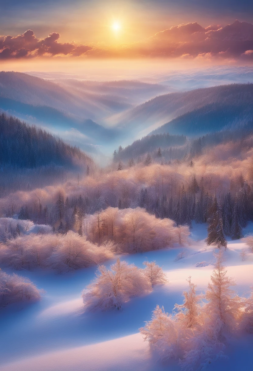 at winter season,Oyuki,snow landscape,Fog pine,rays of sunshine,thin fog,Dingdall effect,super-fine,tmasterpiece,8K,depth of fields,ultra - detailed,Meticulous portrayal