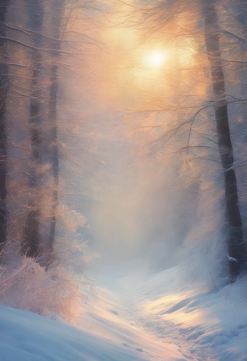 at winter season,Oyuki,snow landscape,Fog pine,rays of sunshine,thin fog,Dingdall effect,super-fine,tmasterpiece,8K,depth of fields,ultra - detailed,Meticulous portrayal