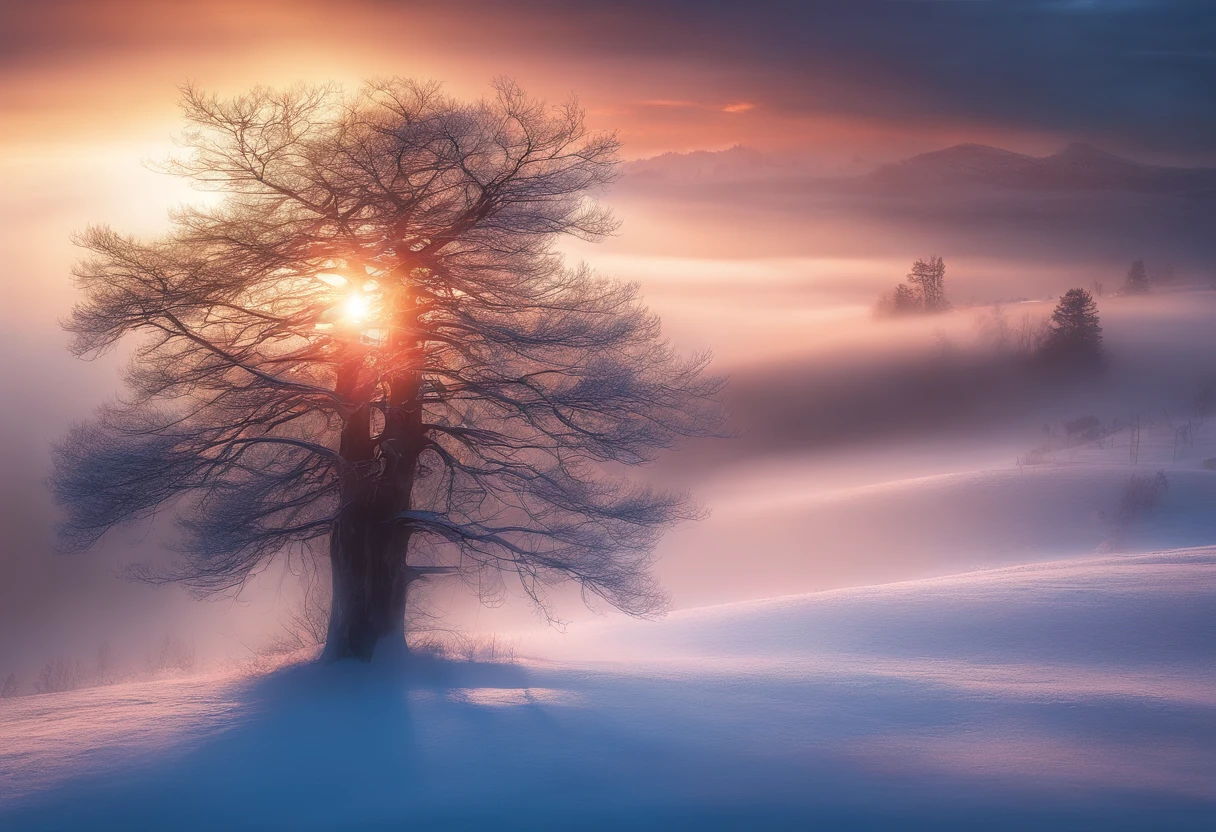 at winter season,Oyuki,snow landscape,Fog pine,rays of sunshine,thin fog,Dingdall effect,super-fine,tmasterpiece,8K,depth of fields,ultra - detailed,Meticulous portrayal