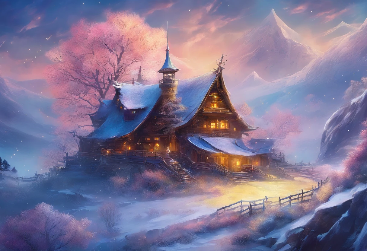 at winter season，Oyuki，snow landscape，Fog pine，rays of sunshine，thin fog，Dingdall effect，super-fine，tmasterpiece，8K，depth of fields，ultra - detailed，Meticulous portrayal