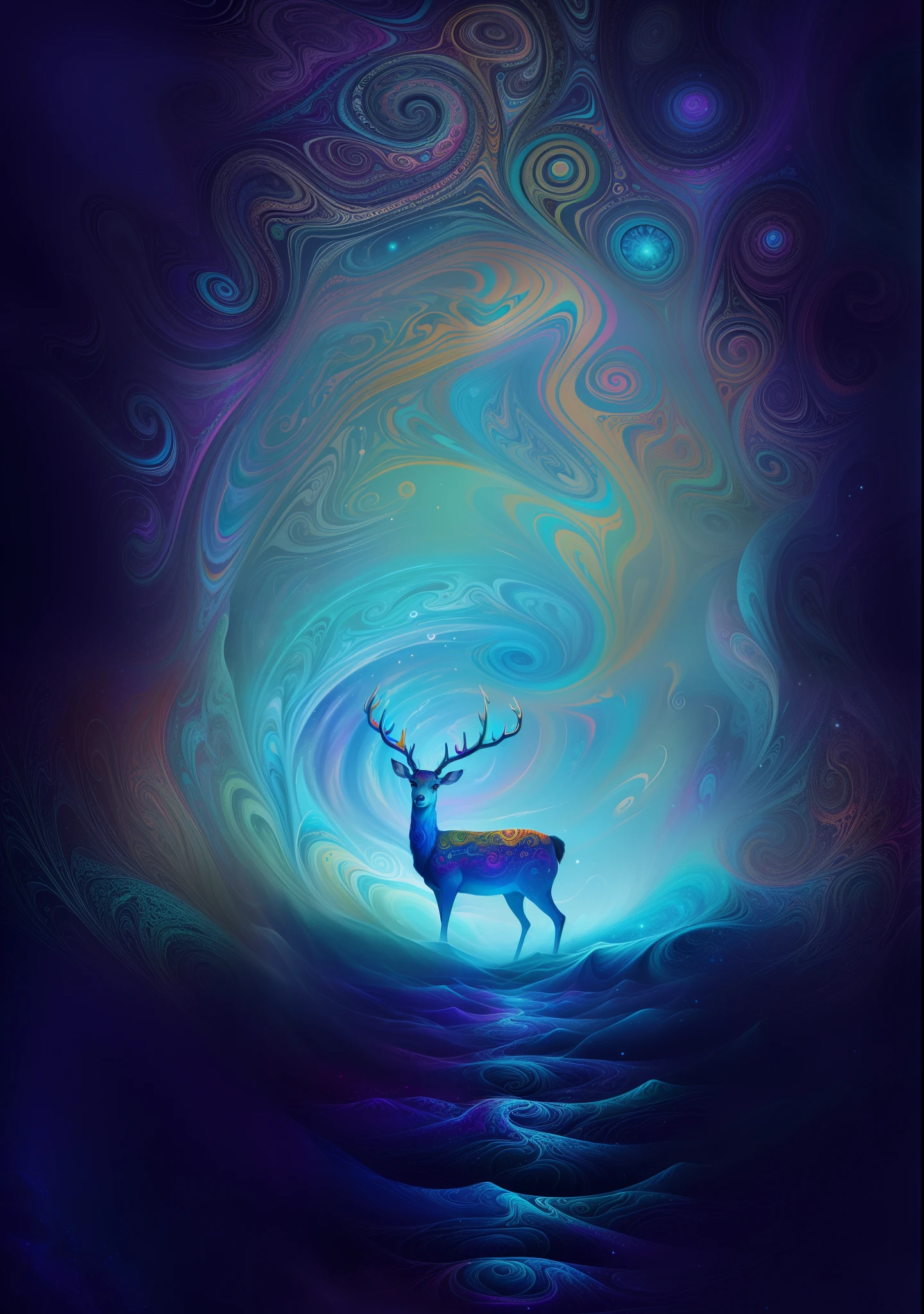 (Psychedelic painting of a deer standing in front of a colorful swirl), ((multiple antlers, stag, big head)), bright colors, thick lines, waves, multiple layers, foreground, perspective, fractal Thunder Dan Mumford , Dan Mumford and Alex Gray style, psychedelic surreal art, surreal psychedelic design, dream art style, illusion psychedelic art, infinite psychedelic waves, inspired by Cyril Rolando Rolando), realistic ripple structure, psychedelic art style, psychedelic art, psychedelic illustration -- V6