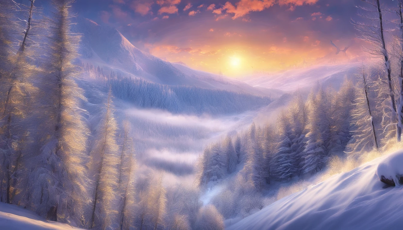 at winter season,Oyuki,snow landscape,Fog pine,rays of sunshine,thin fog,Dingdall effect,super-fine,tmasterpiece,8K,depth of fields,ultra - detailed,Meticulous portrayal
