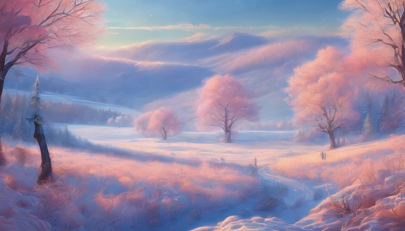 at winter season,Oyuki,snow landscape,Fog pine,rays of sunshine,thin fog,Dingdall effect,super-fine,tmasterpiece,8K,depth of fields,ultra - detailed,Meticulous portrayal