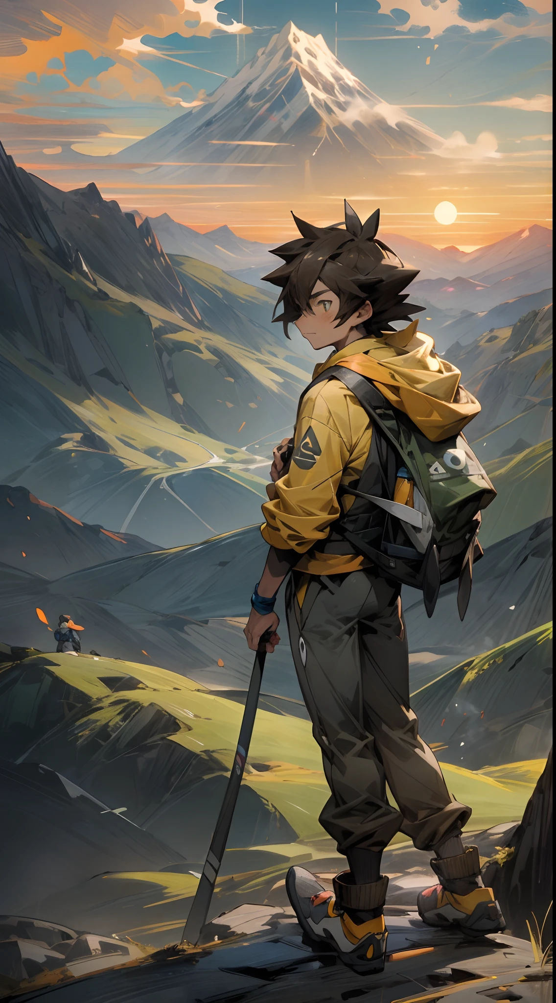 Grainy, Very Detailed Masterpiece, A high-quality depiction of a boy standing on a cliff in front of a majestic mountain, Sunset clouds,Pokémon Trainer Wind,Brown and Yellow Mountain Hoodie,Black Mountain Pants,Yellow shoelace trekking shoes