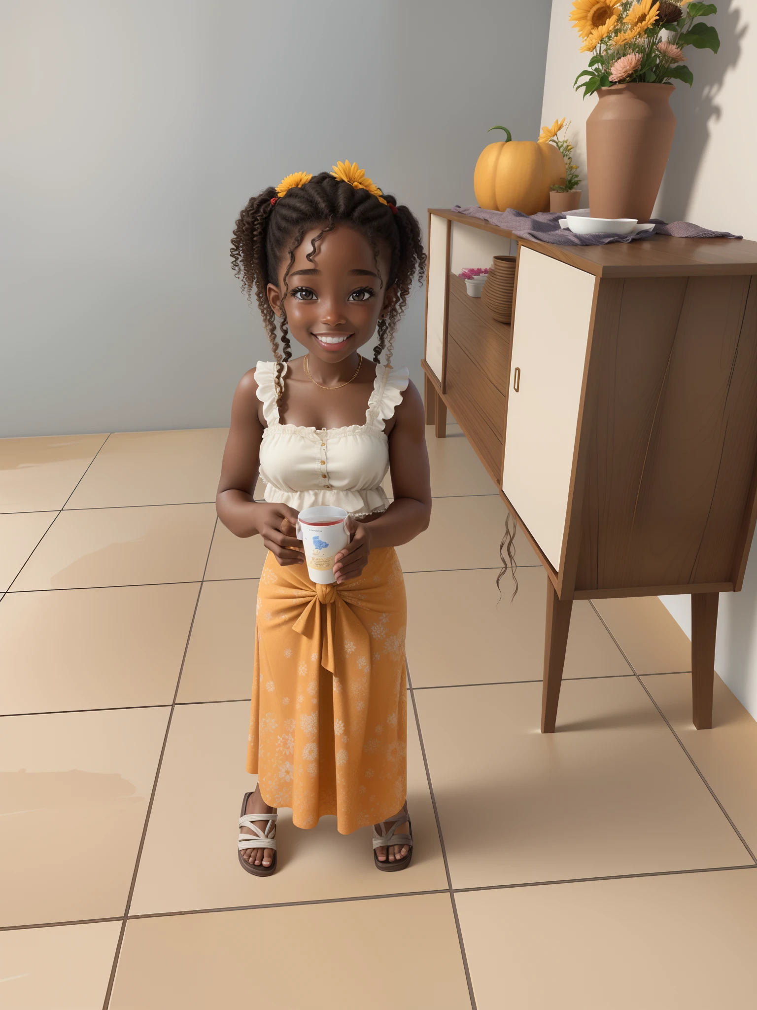 3d of 1girl, ((solo))), (30s long messy curly hair, smiling
happy, African-American, kind eyes;1.15), model's sculptural body, afternoon
autumn, flower garden, warm and soft light, flowers being
blown away by the wind, motion blur lens -- 9:16