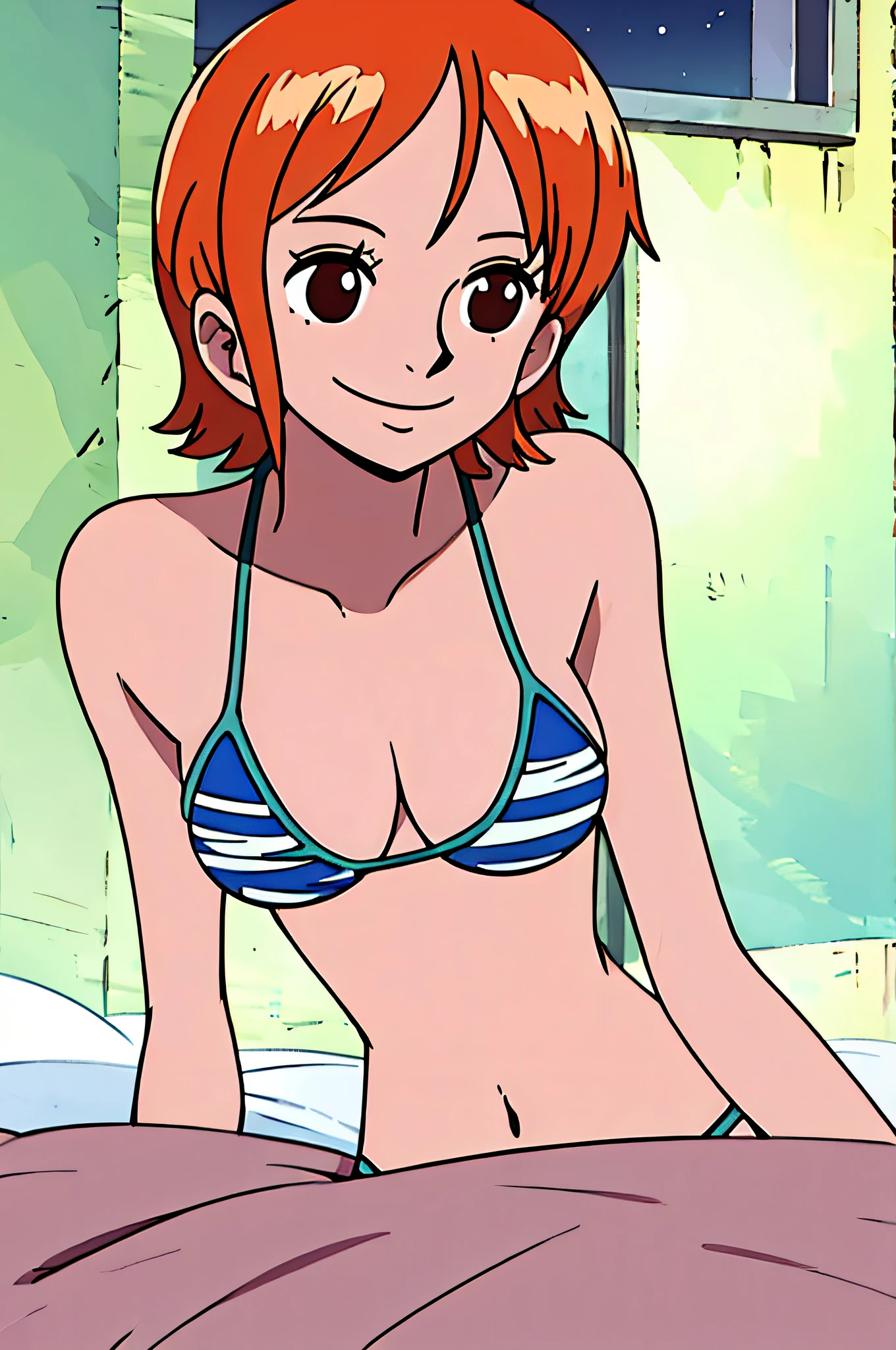 nami, 1girl, solo, breasts, smile, short_hair, large_breasts, brown_eyes, medium_breasts, closed_mouth, swimsuit, upper_body, bikini, orange_hair,, night, room, bed