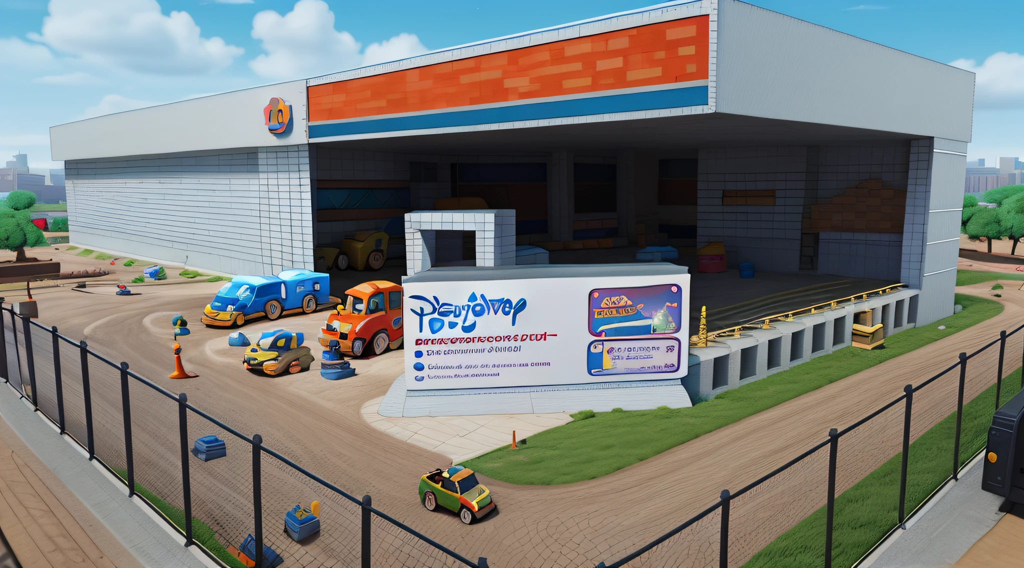 Create a Disney PIXAR-style 3D poster. (( In the center of the image a construction)).Detalhes hiper-realistas, cor quente no estilo Disney PIXAR 3D))