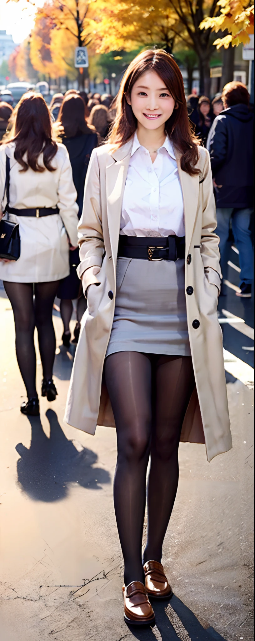 (8k, RAW photos, top quality, masterpiece: 1.2, ultra detailed, super resolution, real photos: 1.37), (Full body photo), 1 noble elegant Japanese lady, (standing contrapposte), ((pale color coodinate amber peach light brown other color, wearing over-size short autumn coat, beige long skirt, inner shirt, black tights, wearing loafers)), Shiny, Smile, Looks like 1.8 meters tall, large pelvis, Large breasts, big cuvy hips, Thin waist, Long legs, skin hyper-detail, 20 years old, Perfect face, (Detailed facial features), Wavy hair, Daylight, autumn season, center of street, crowd of people,