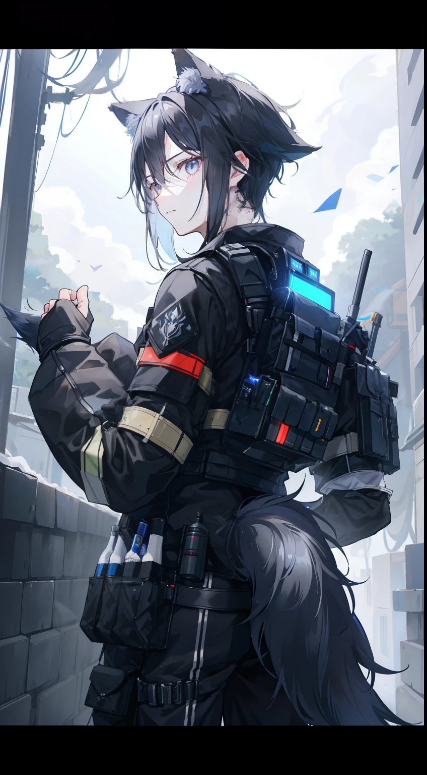 Abyss huntsman, a young man with black wolf ears and tail with white tips, abyss eyes, tactical vest