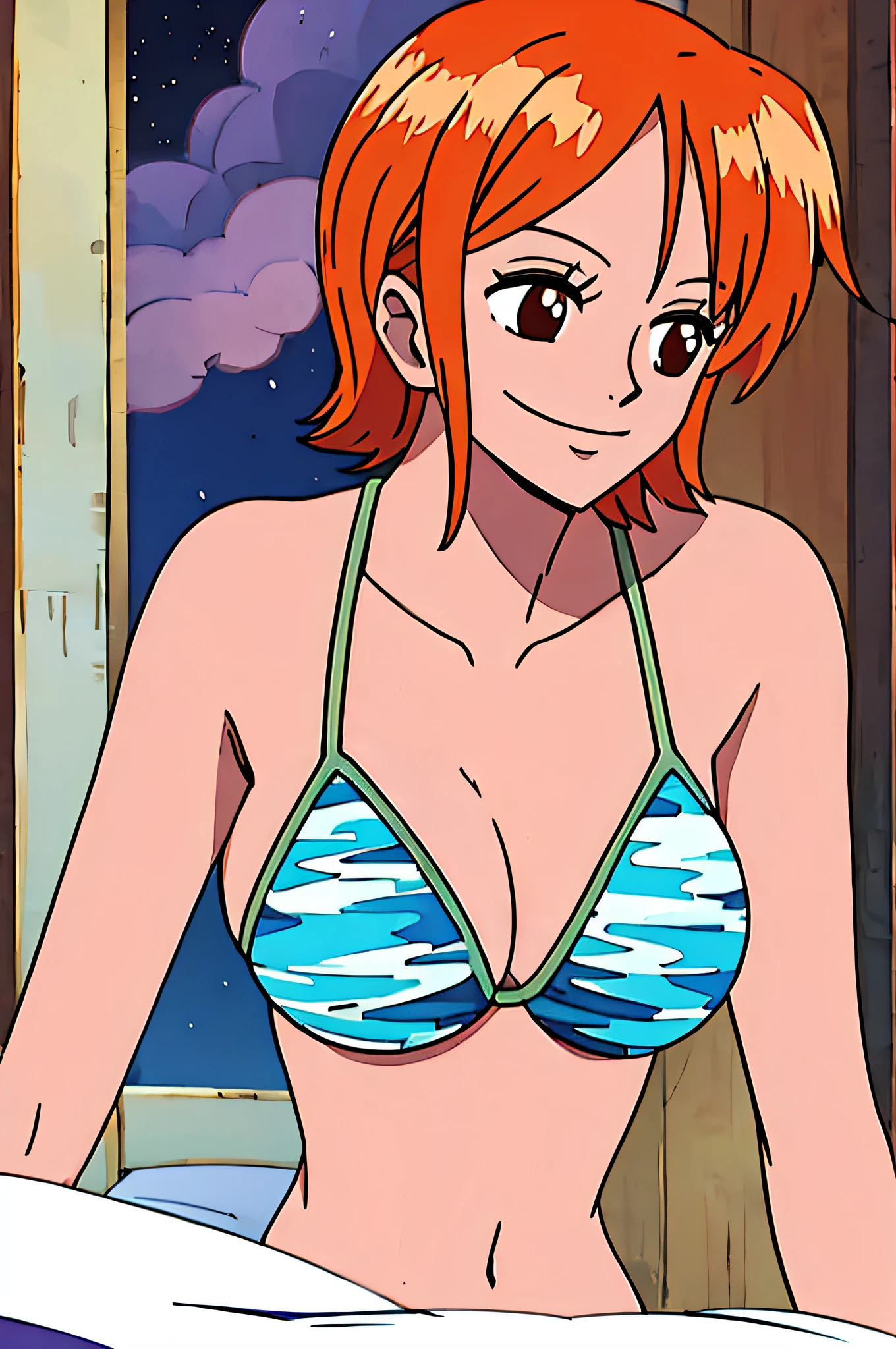 nami, 1girl, solo, breasts, smile, short_hair, large_breasts, brown_eyes, medium_breasts, closed_mouth, swimsuit, upper_body, bikini, orange_hair,, night, room, bed