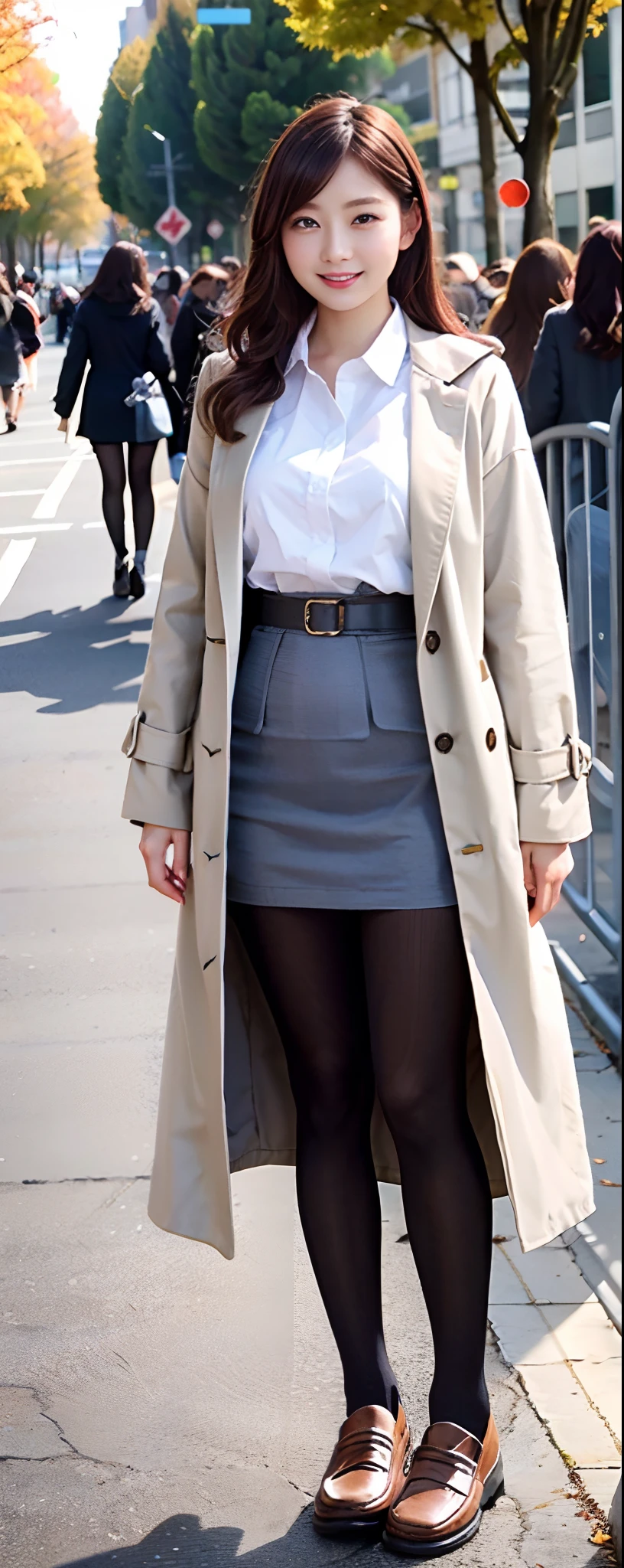 (8k, RAW photos, top quality, masterpiece: 1.2, ultra detailed, super resolution, real photos: 1.37), (Full body photo), 1 noble elegant Japanese lady, (standing contrapposte), ((pale color coodinate amber peach light brown other color, wearing over-size short autumn coat, beige long skirt, inner shirt, black tights, wearing loafers)), Shiny, Smile, Looks like 1.8 meters tall, large pelvis, Large breasts, big cuvy hips, Thin waist, Long legs, skin hyper-detail, 20 years old, Perfect face, (Detailed facial features), Wavy hair, Daylight, autumn season, center of street, crowd of people,