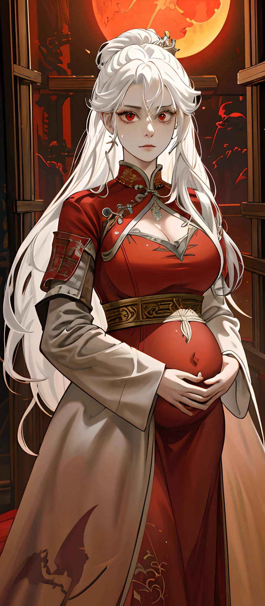 1female, White hair, Red eyes, (woman,Royal Sister_Shot:1.2), breasts focus, Long hair, side locks,Dangerous expressions,Extreme panic,Chest close-up front,After being violated ,Scared,(terrified:1.1) expression, Atmospheric lighting, Moody, Darkness, In an abandoned old museum, Clear glass display case full of interesting items, Dusty, Post-apocalypse, spiderwebs, masterful, Beautiful 8k wallpaper,Camel hooves ,Extremely detailed, Intricate,a warm color palette,Half naked chest,huge tit(D),plethora of colors,bright sun,Wear a gorgeous coat,Wear a cheongsam inside,Broken clothes,With a queen-like temperament,succubi,Beautiful young woman,Expose the belly,pregnant women with