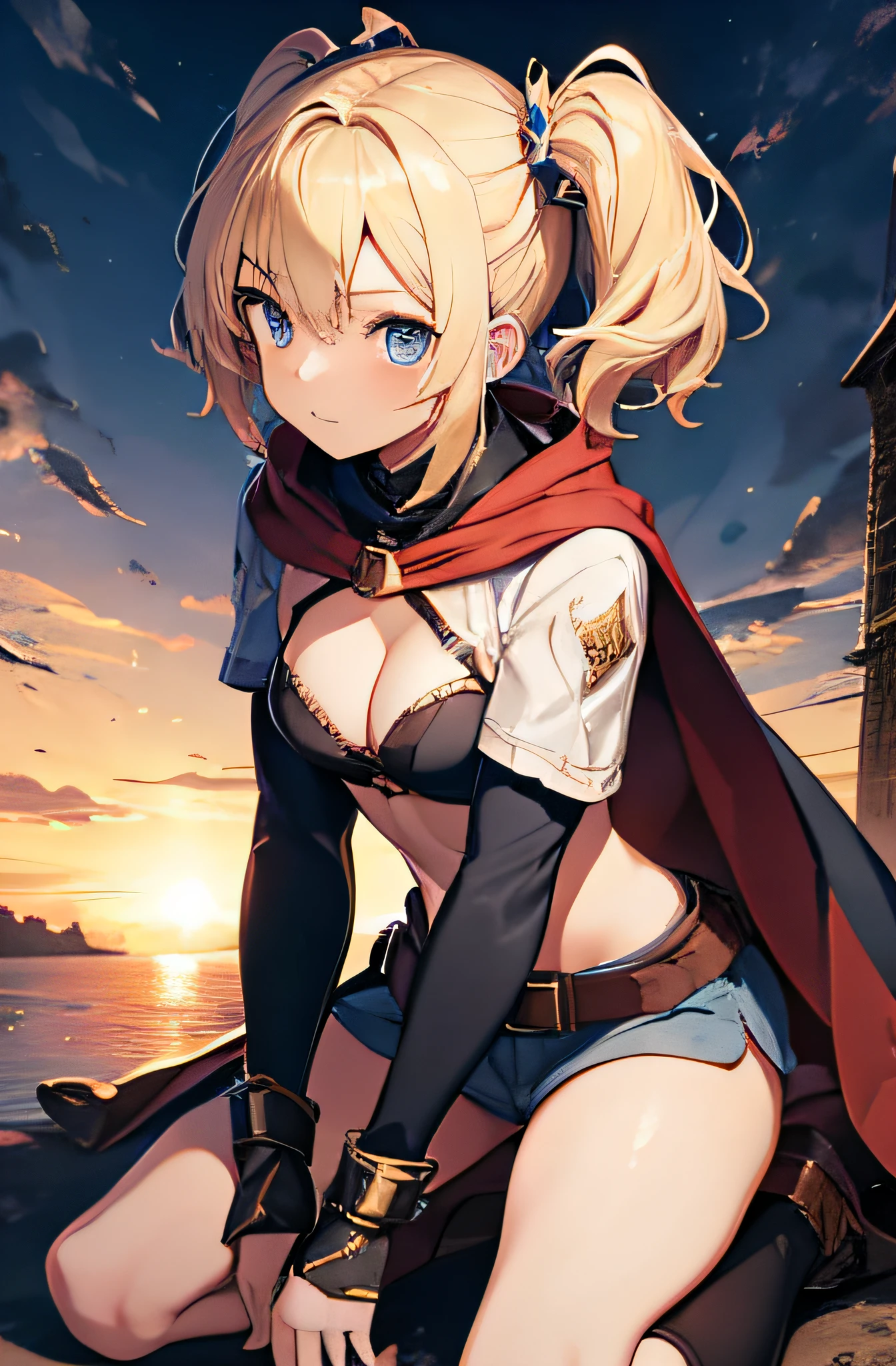 1girl, hotpants and cape, blonde hair and blue eyes, short hair, twin tail, Small breasts, medieval times, adventurer, heroic fantasy, all fours