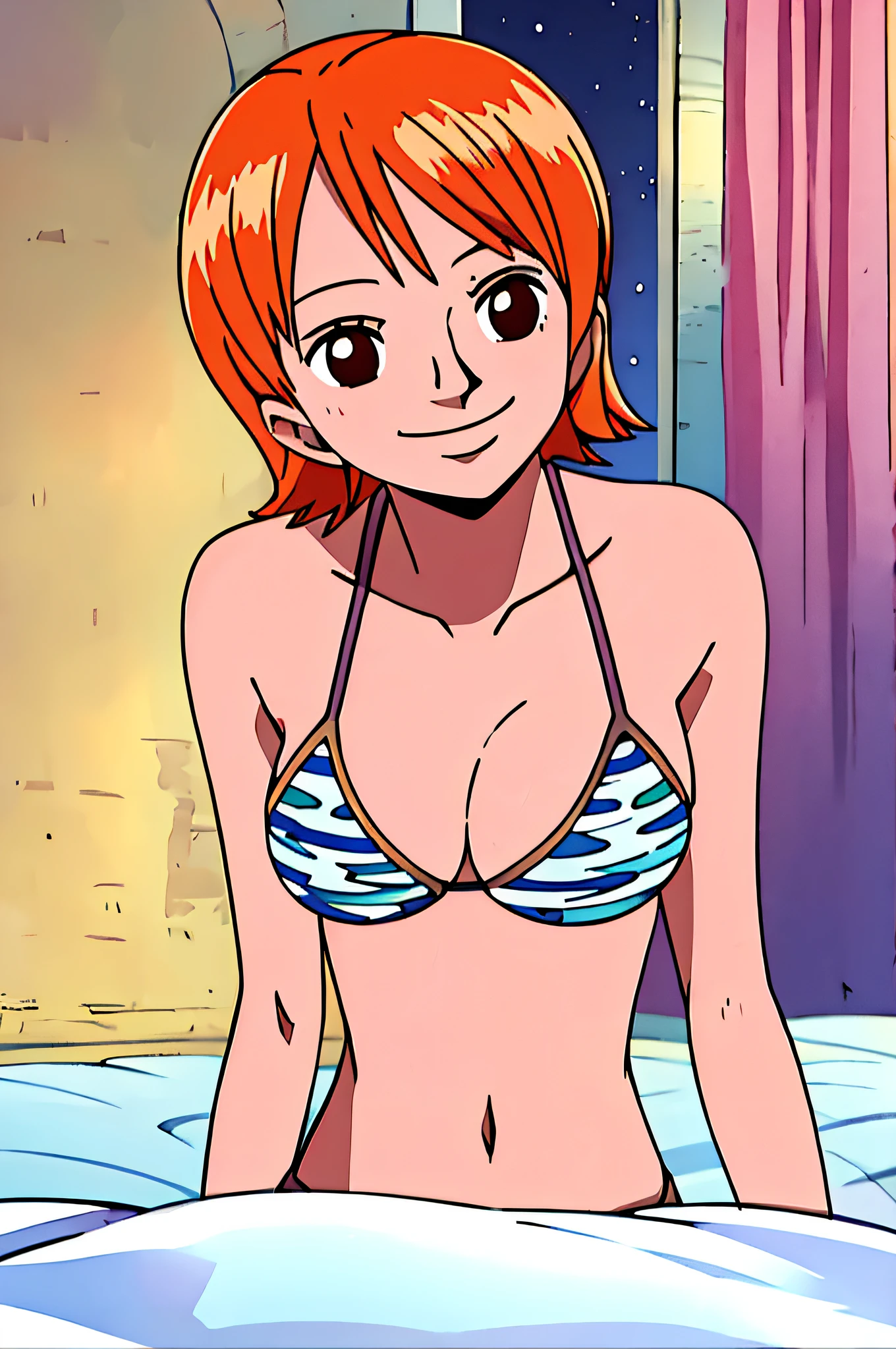 nami, 1girl, solo, breasts, smile, short_hair, large_breasts, brown_eyes, medium_breasts, closed_mouth, swimsuit, upper_body, bikini, orange_hair,, night, room, bed