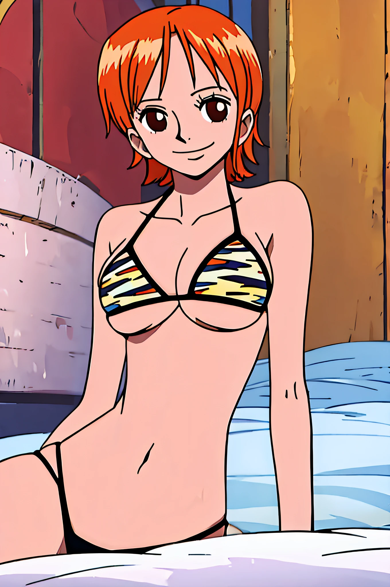 nami, 1girl, solo, breasts, smile, short_hair, large_breasts, brown_eyes, medium_breasts, closed_mouth, swimsuit, upper_body, bikini, orange_hair,, night, room, bed