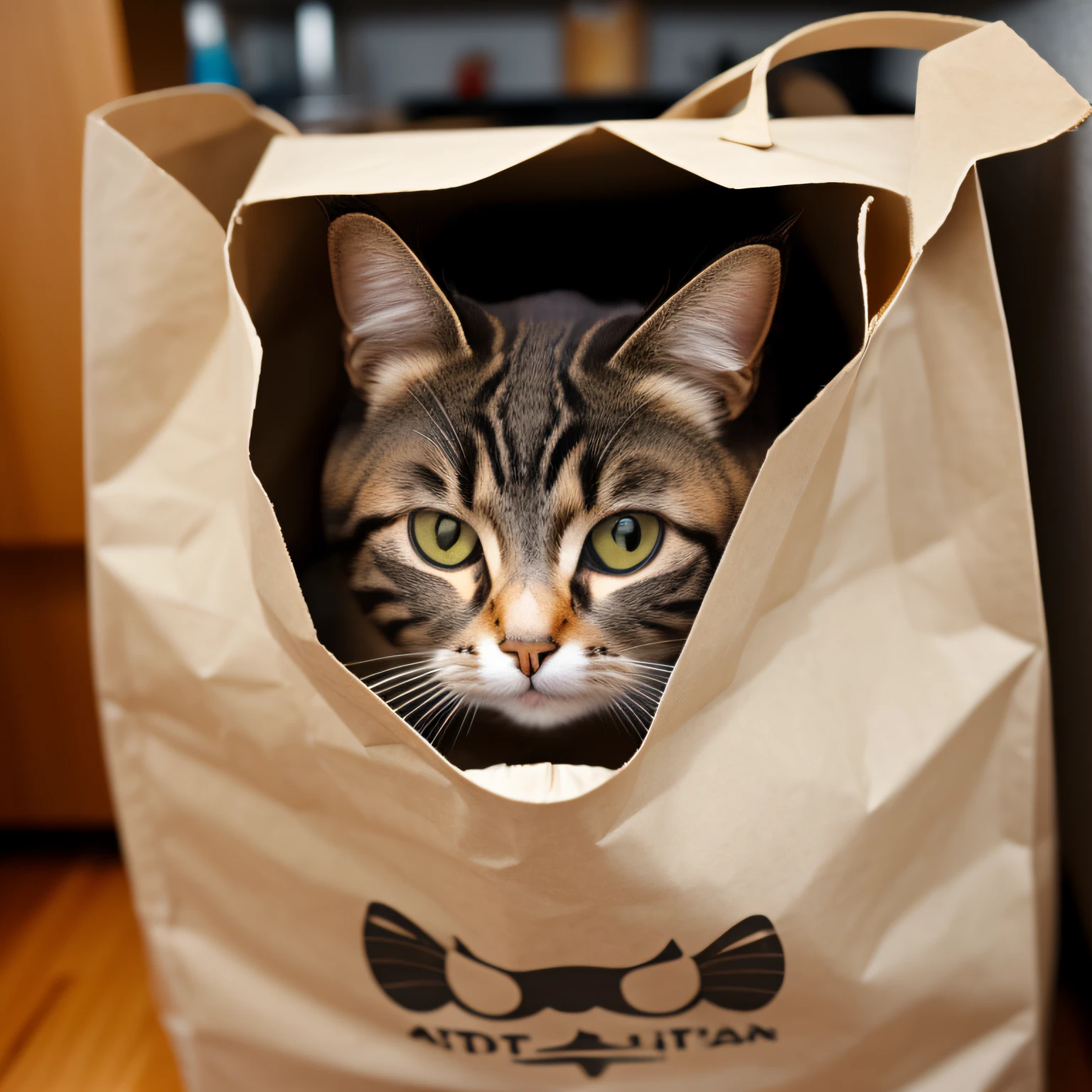 (A cat peeking out of a shopping bag in the kitchen), (Masterpiece), (Best Quality), (Ultra high Detailes)