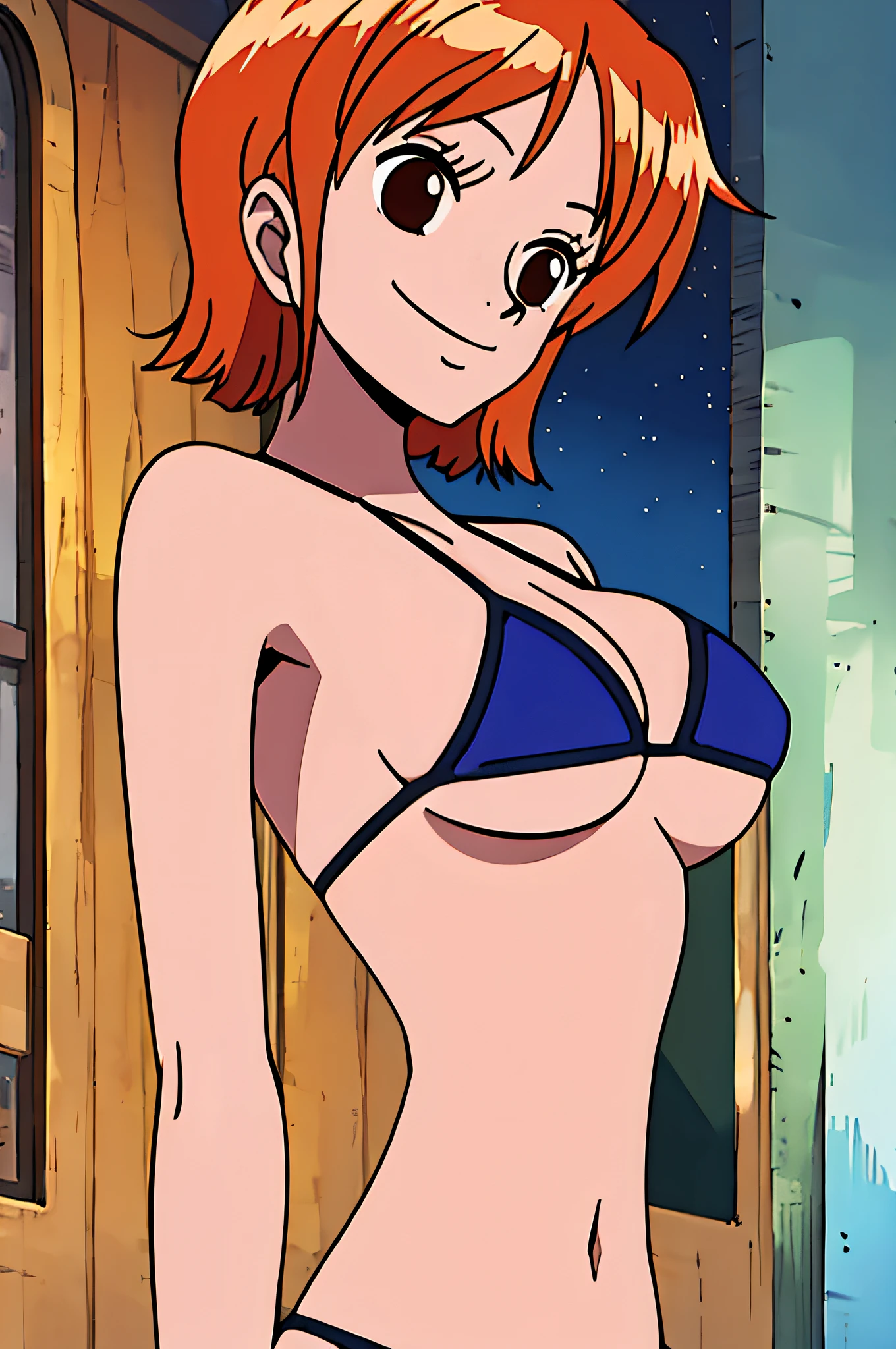 nami, 1girl, solo, breasts, smile, short_hair, large_breasts, brown_eyes, medium_breasts, closed_mouth, swimsuit, upper_body, bikini, orange_hair,, night, room,