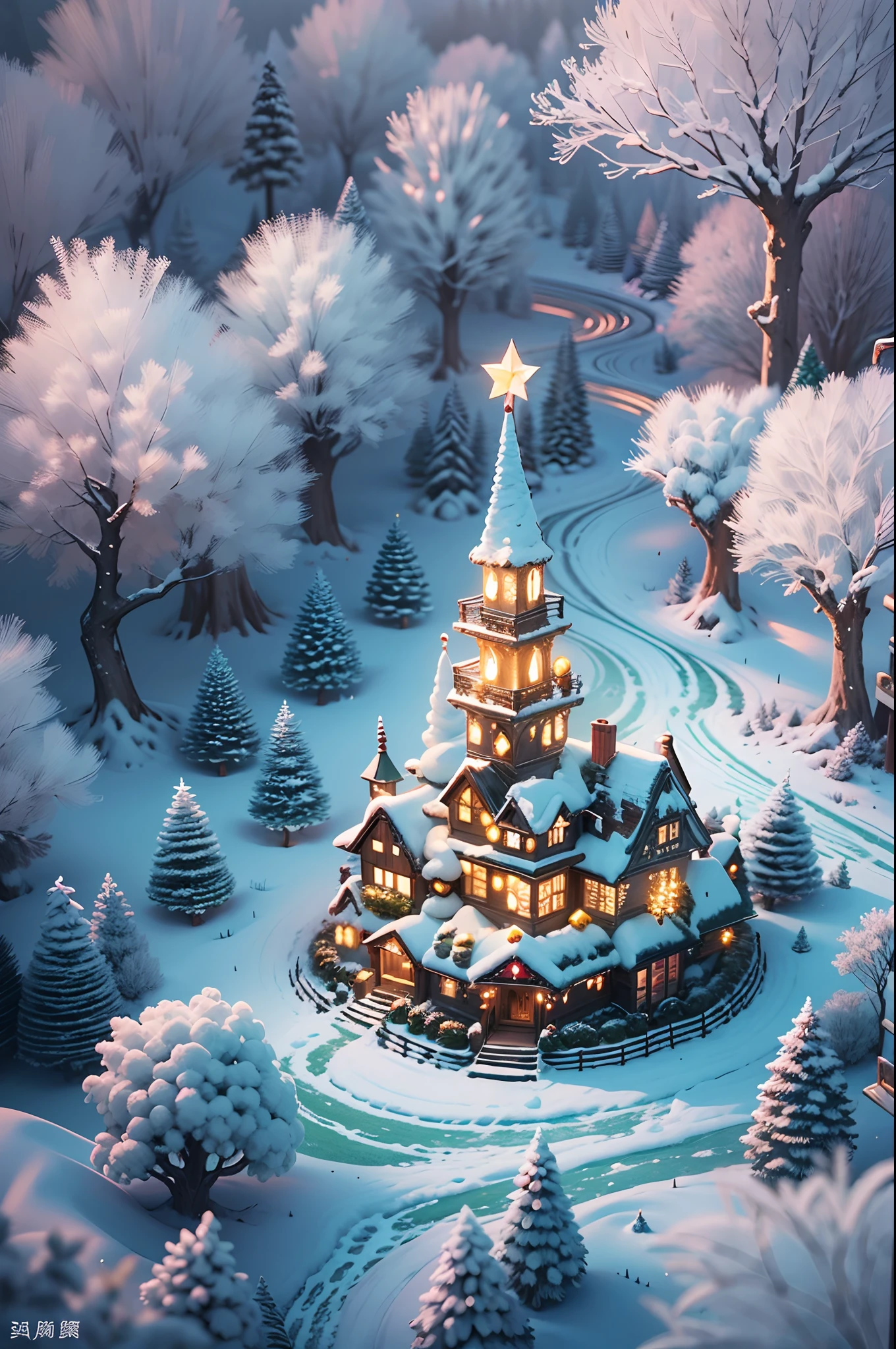 Mysterious fairytale world,((A breathtaking view of the rime))。The earth was shrouded in a thin layer of mist,It's as if it's a veil of mystery over the whole world。Elements of Christmas float in the white mist,Like flashing lights、Red flannel and bright stars,It creates an atmosphere of joy and mystery。 ((In the midst of this rime,The trees are covered in frost,It seems to be the abode of elves in a winter wonderland))。Each tree is adorned with colorful Christmas lights,Illuminates the entire rime world,Make it full of warmth and blessings。The branches are covered with red and green flannel ornaments,It's like a gift left by the elves,Make this forest more vibrant。 Looming in the fog is a magnificent Christmas castle,Its spire is dotted with sparkling stars,The whole castle exudes an air of mystery and joy。The interior of the castle is decorated with a variety of festive decorations,Gorgeous hangings、Colorful garlands and sparkling lights complement each other,It gives a captivating visual experience。 Follow a trail paved with flannel and Christmas lights,You will find a group of happy elves singing and dancing,They have bright lanterns in their hands,Jumping happily,Create a joyful scene。 The whole scene is rendered by fog and Christmas elements into a mysterious and joyful picture,Every detail is full of magic and mystery。In this fairytale world,gleeful、Blessings and warmth fill every corner,It's fascinating,Feel like you're in the middle of an eternal Christmas celebration, UHD, masterpiece, ccurate, anatomically correct, super detail, 8k, best quality
