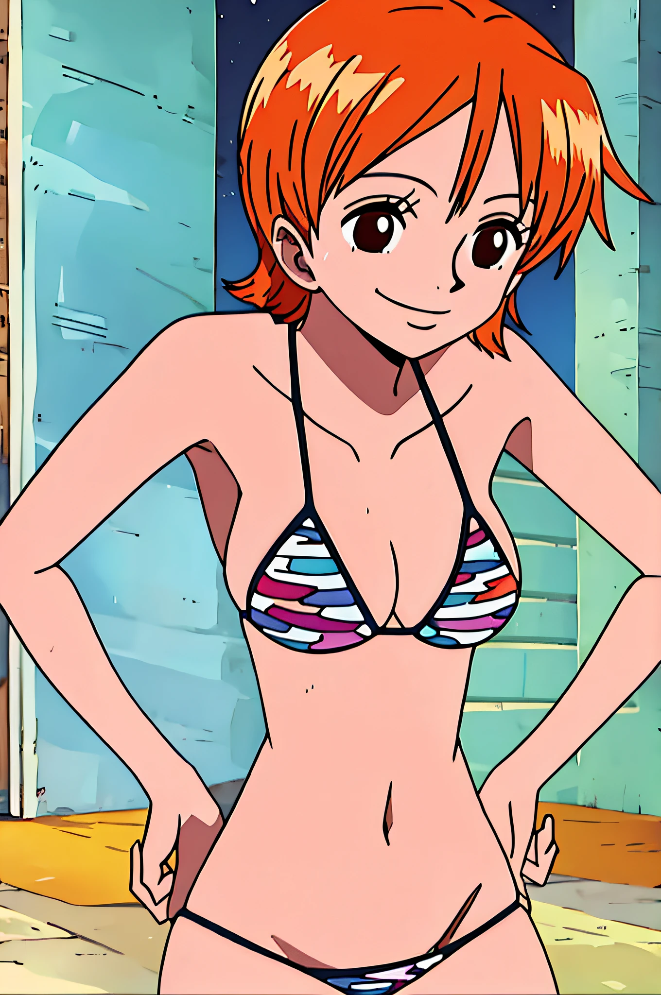 nami, 1girl, solo, breasts, smile, short_hair, large_breasts, brown_eyes, medium_breasts, closed_mouth, swimsuit, bikini, orange_hair,, night, room,