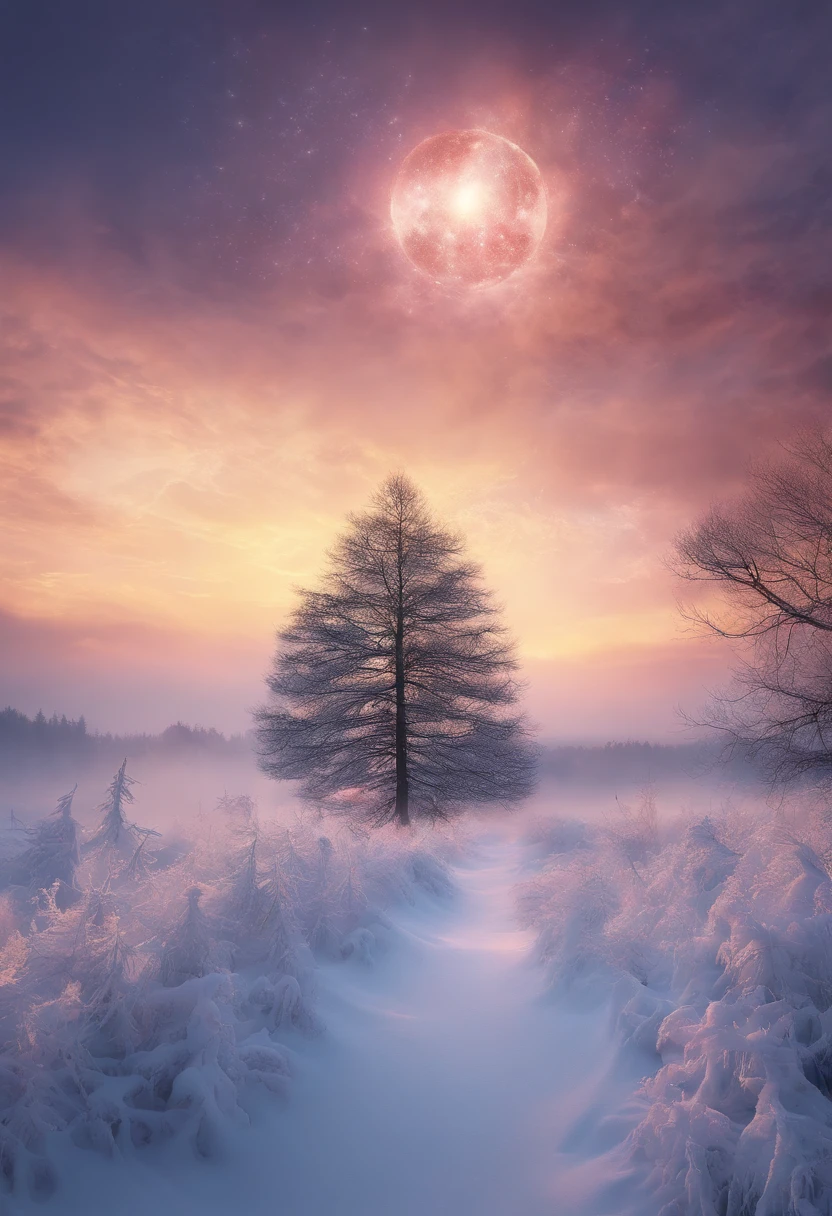 at winter season,Oyuki,snow landscape,Fog pine,rays of sunshine,thin fog,Dingdall effect,super-fine,tmasterpiece,8K,depth of fields,ultra - detailed,Meticulous portrayal,Ultra photo realsisim,Hyper-realistic