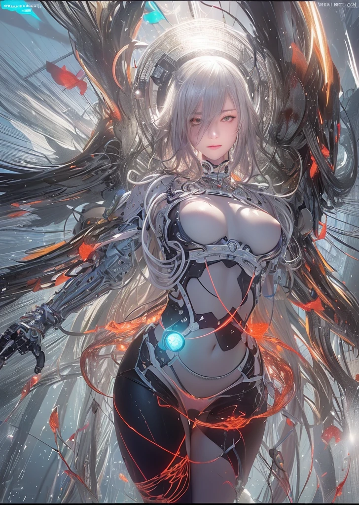 (((独奏、SF、Female Android、Combat suit、arma、Multiple Giant Wings of Light、Neck of the machine、Mechanical chest、Flesh-and-blood breasts、Upper abdomen of the machine、Mechanical shoulder、Mechanical joints、full bodyesbian、Wires and cables attached to the neck、Head wires and cables、You may wear a jacket、A circle of sparkling light surrounding the udder、The tip of the breast is a machine、A small magic circle that emits a strong red light is covered around each of the left and right areolas、A magic circle that emits a strong blue light in the crotch、Beams of light of all colors are emitted from the body)))、(((Wear a bra with cups)))、Boobs of all sizes、The presence of pubic hair in the crotch、Extensive pubic hair、Pubic hair sticks out of panties、All connected pubic hair、Don't trim pubic hair、(((Put on panties)))、Panties of any color、(Do not touch the nipple with your fingertips、Don't touch your crotch with your fingertips、Don't touch your pubic hair with your fingertips)、Don't open your knees wide、Not a、There is also a crouching pose、There is also an open-legged pose.、Wilderness Battlefield、Countless rays of light moving from behind to front of a figure in the sky、