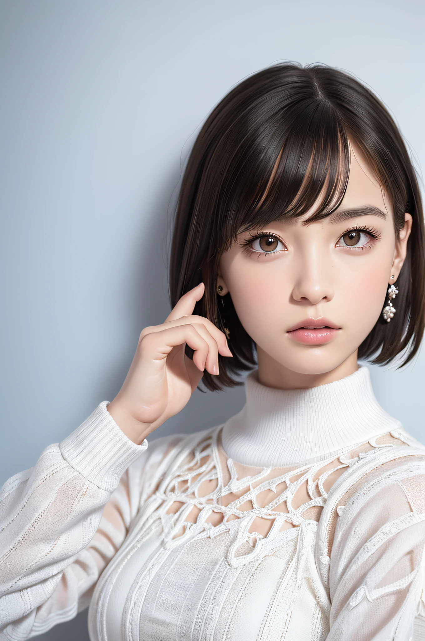 (8k, RAW photos, top quality, masterpiece: 1.2), ultra detailed, super resolution, (real, real photos: 1.37), portraits, high definition RAW color photos, professional photos, very detailed and beautiful, highly detailed, 8k wallpapers, amazing details, huge file size, official art, highly detailed CG Unity 8k wallpapers, highly detailed beautiful girls, highly detailed faces, Highly Detailed Eyes, Highly Detailed Skin, Highly Detailed Fingers, Very Detailed Nose, Highly Detailed Detailed Mouth, Perfect Anatomy, Detailed Background, Detailed Clothes, One Girl, (20:1.2), 20s, Cute Girl, Realistic Body, Petite, White Skin, Radiant Skin, Slim Body, Black Hair, Short Hair, (Blunt Bangs: 1.2), Cute, Youthful, Pretty Face, Realistic Face, Delicate Eyes, Sale Eyes, ( (Fashionable winter clothes)), ((Up)), ((((Short hair)))), Earrings, Looking at the camera, Cowboy shot, Facing Front, Standing Posture, Contrapposto, Dynamic Lighting, C Cup Breasts,