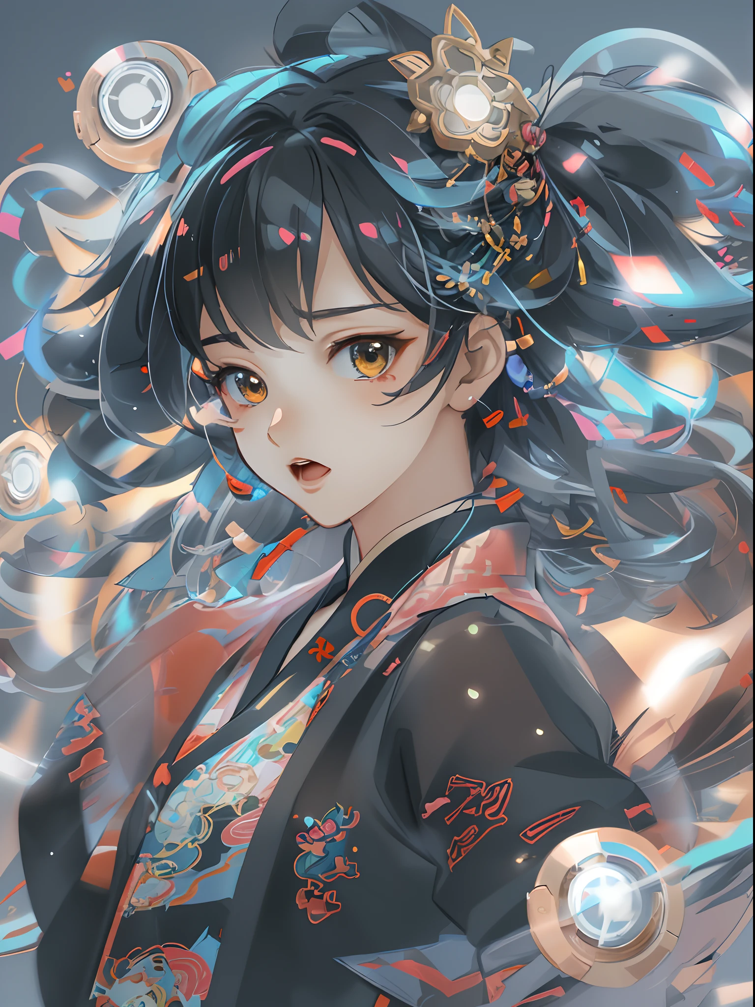 A handsome Chinese girl,  motion blur, holographic visual lights, stickers figures, 32K anime style, Japanese anime style