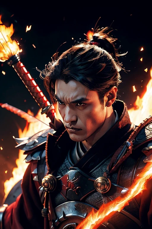 Close-up of a man holding a sword,The background is fire, Best anime 4k konachan wallpaper, Demon Samurai, 4k manga wallpapers, Badass anime 8 K, demon samurai warrior, Concept art wallpaper 4K, Onmyoji detailed art, iconic character splash art, 4K anime wallpaper, Anime art wallpaper 8 K, concept-art, concept-art
