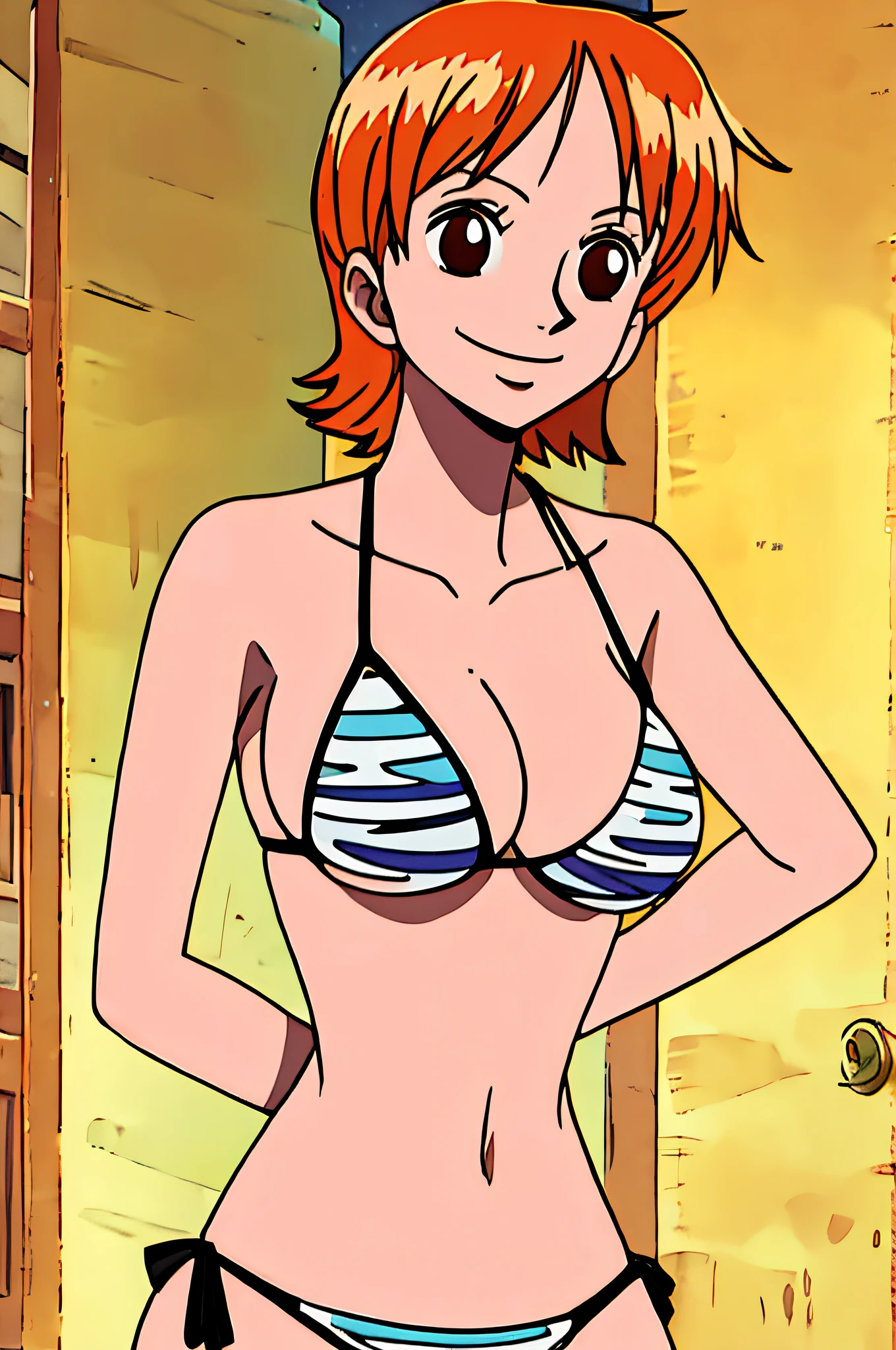 nami, 1girl, solo, breasts, smile, short_hair, large_breasts, brown_eyes, medium_breasts, closed_mouth, bikini, orange_hair,, night, room