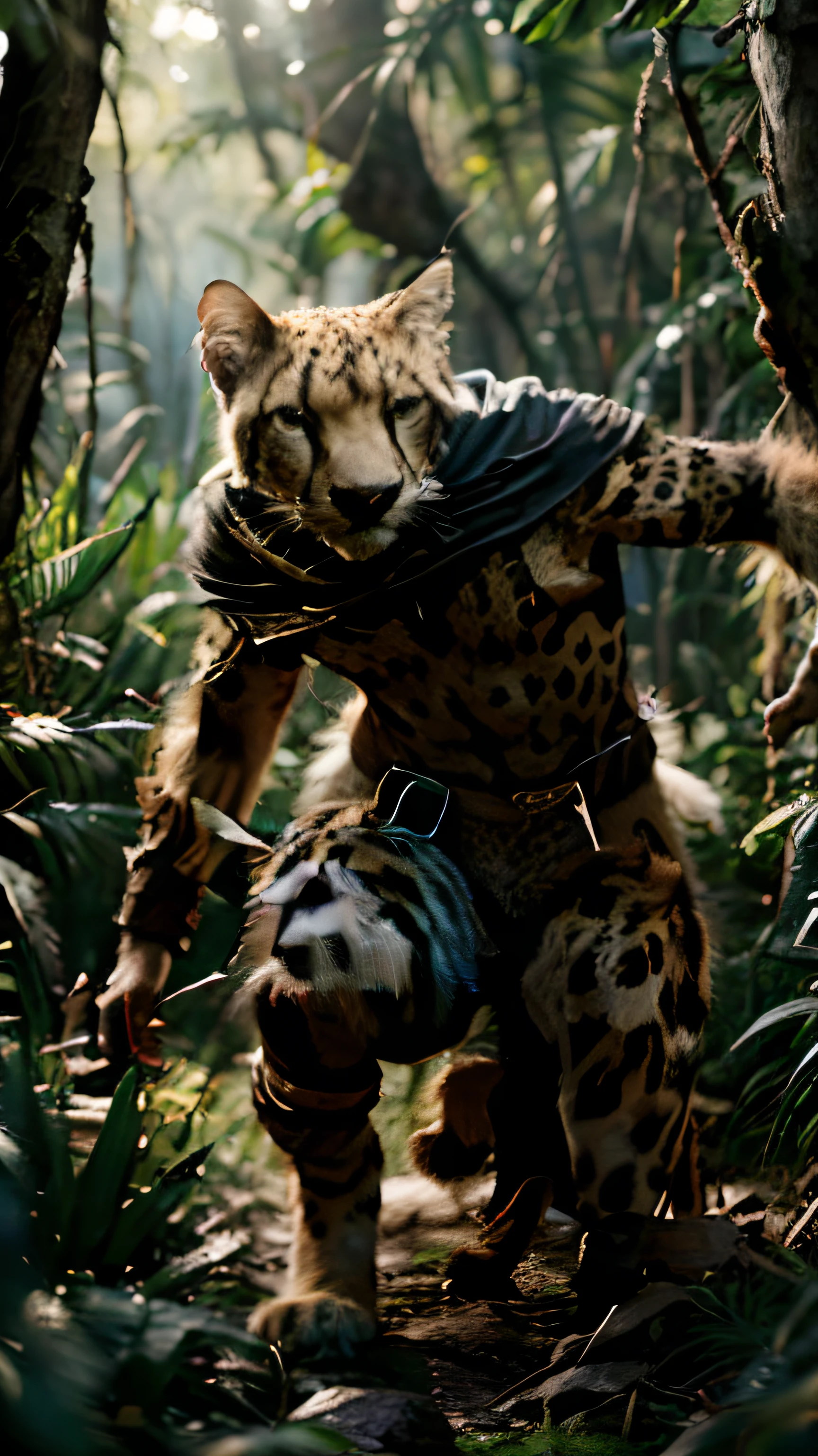 (best quality,highres,masterpiece:1.2),ultra-detailed,realistic,tabaxi ranger,1male cheetah humanoid,ferocious, agile, tracker, jungle expert, green-eyed cheetah, vibrant fur, muscular build, keen senses, long tail, piercing gaze, sharp claws, graceful movements, camouflage cloak, bow and arrows, forest environment, dense vegetation, mysterious atmosphere, golden sunlight, dramatic shadows, dreamy color palette