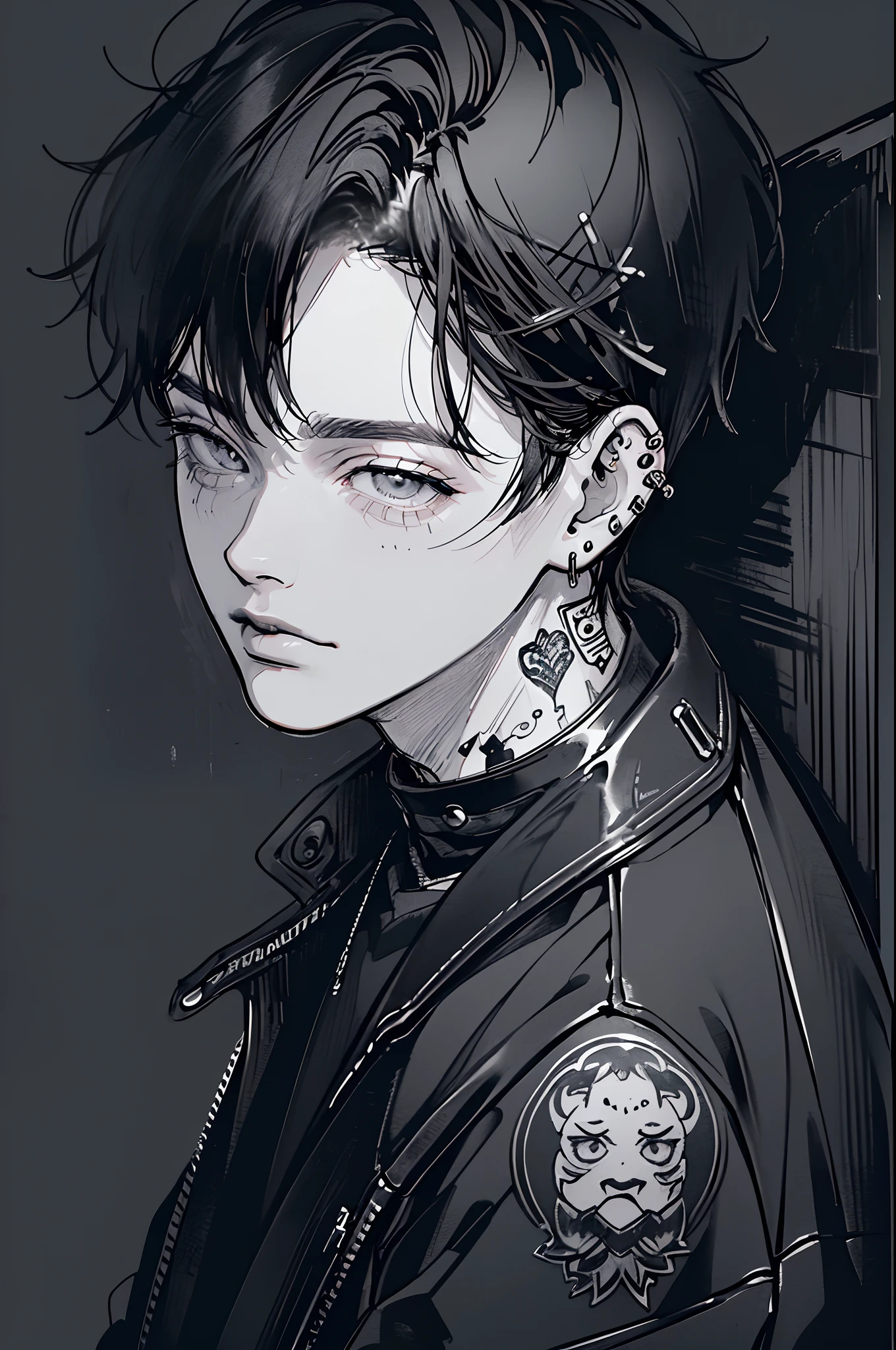 (4K works))、masterpiece、(top-quality)、((Black cityscape background))、Korean Male、Adult male、((Adult 50 years old))、((Adult uncle type))、((Leather Jeans Style))、((Face similar to Hyunjin))、Cool Men、tall、((Wild features))、((Glaring expression))、((Long sleeve long trouser style))、((Smaller face))、Slim body、(((short-haired)))、((Shot alone))、((Solo Photography))、Professional Photos、((He is in front of the viewer))、((Monochrome photography))、((Upper body photography))、((Wear a lot of piercings))、((Mouth piercing))、((Tongue piercing))、((Icon Photo))、((Sick Boys))、((Mine Boys))、((tattoo))、((Mine photo))、((sassy pose))
