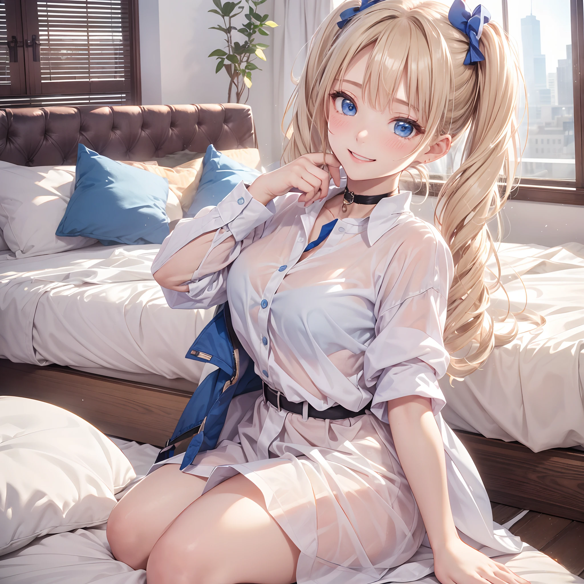 top-quality、masutepiece、1womanl、独奏、20yr old、Happy smile、(White oversized shirt:1.3)、On all fours、(Face Focus:1.2)、You can see the cleavage and a little bra,Slender body、(Blonde with low twin tails)、(Deep Blue Eyes:1.4),Shiny hair、Blushing、evening、a bed、a choker、Luxurious bedroom